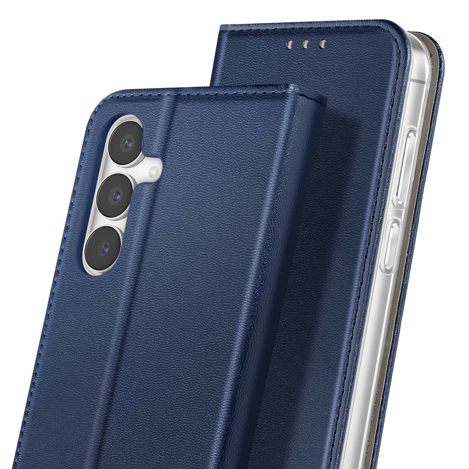 Gros plan sur un étui de téléphone bleu avec lentilles de caméra visibles. L'étui est ouvert, révélant le côté du téléphone.