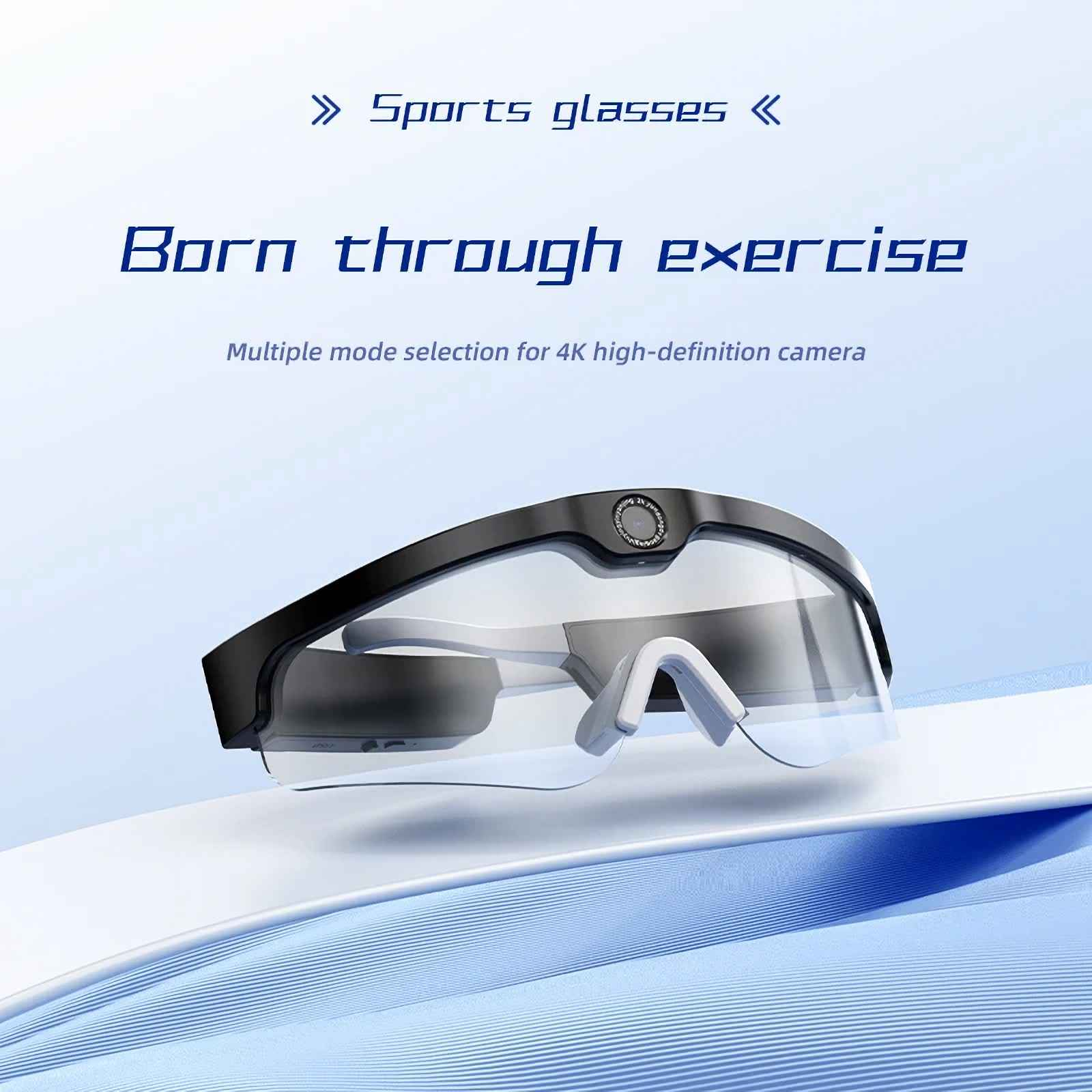 Sportbrille mit schwarzem Rahmen und weißem Nasenstück. Text: Geboren durch Training. Für 4K Kamera.