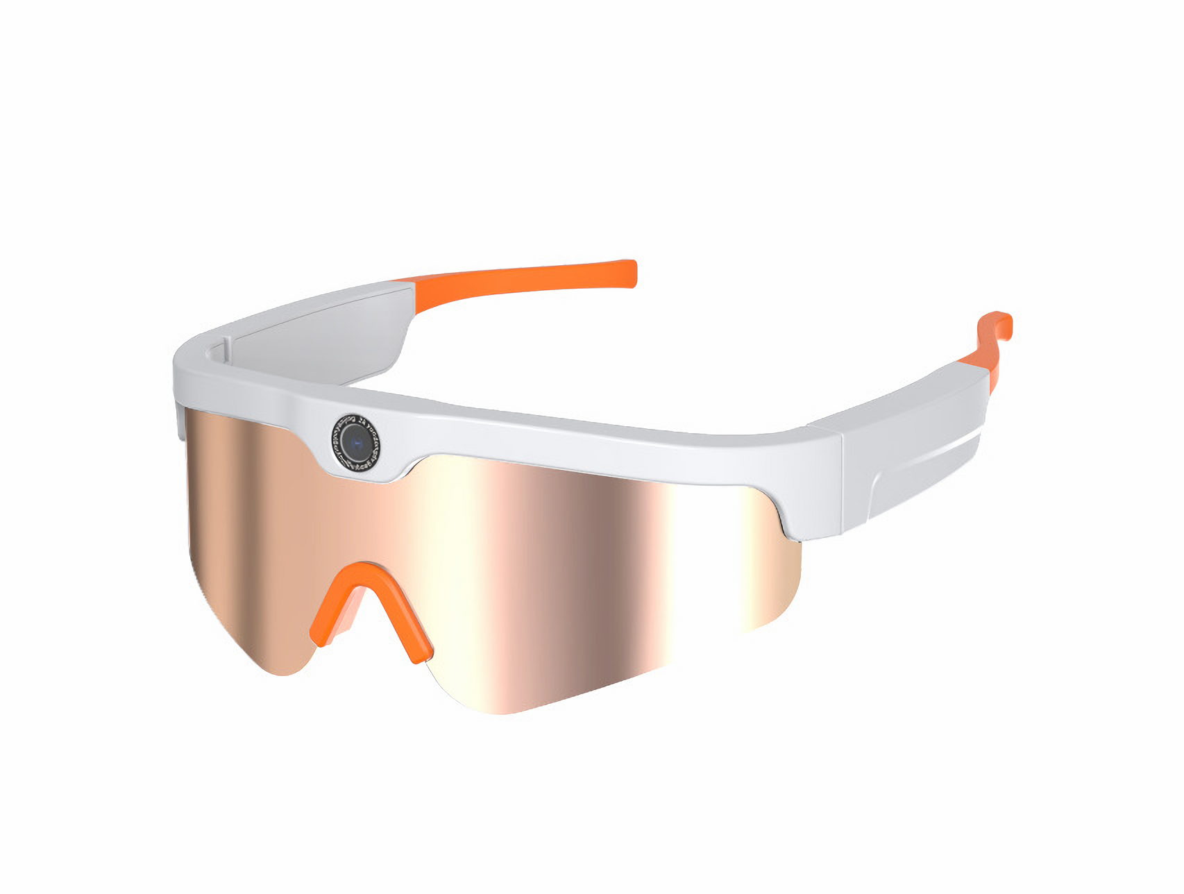 Weiß-orange Sportbrille mit kupferfarbenen Gläsern. Eine kleine Kamera ist am Rahmen sichtbar.