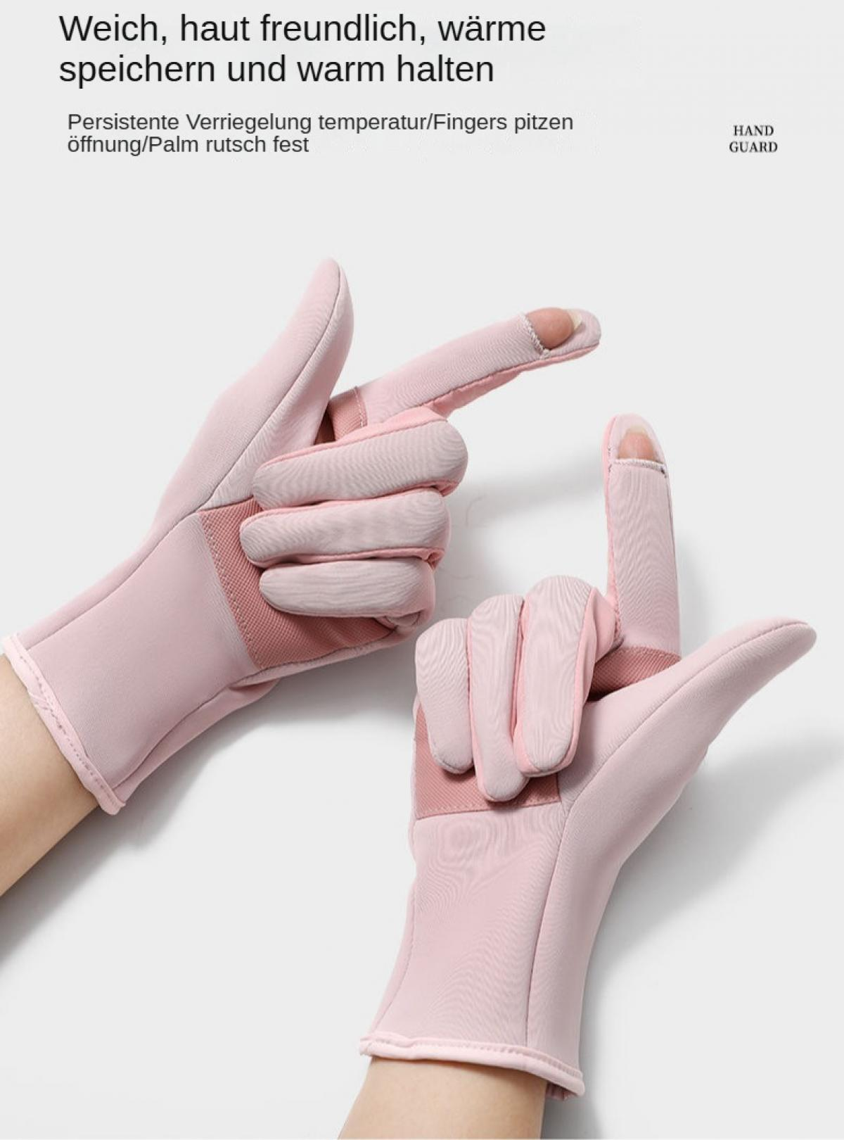 Zwei rosa Handschuhe mit deutschem Text. Die Handschuhe haben verstärkte Handflächen und Touchscreen-Fingerspitzen.