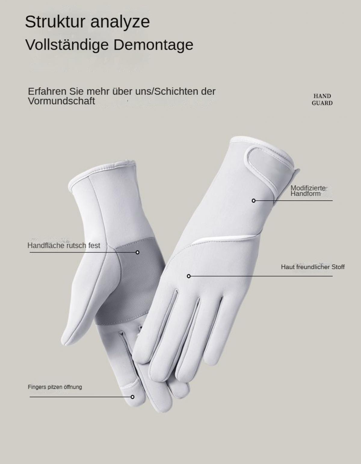 Weiße Handschuhe mit Textbeschriftungen. Grauer Handflächenbereich. Beschriftungen: Handfläche rutsch fest, Modifizierte Handform, Haut freundlicher Stoff.