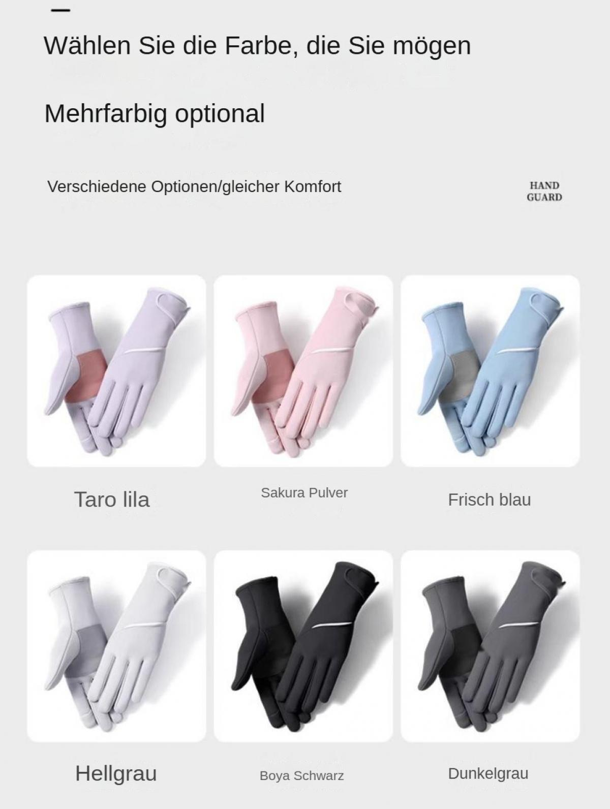 Das Bild zeigt Handschuhe in verschiedenen Farben wie Lila, Rosa, Blau, Grau und Schwarz. Text auf Deutsch bietet Farbauswahl.