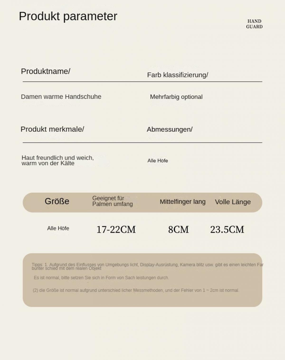 Produkttabelle mit Handschuhdetails. Enthält Größe, Handflächenumfang, Mittelfingerlänge und Gesamtlängenmaße.