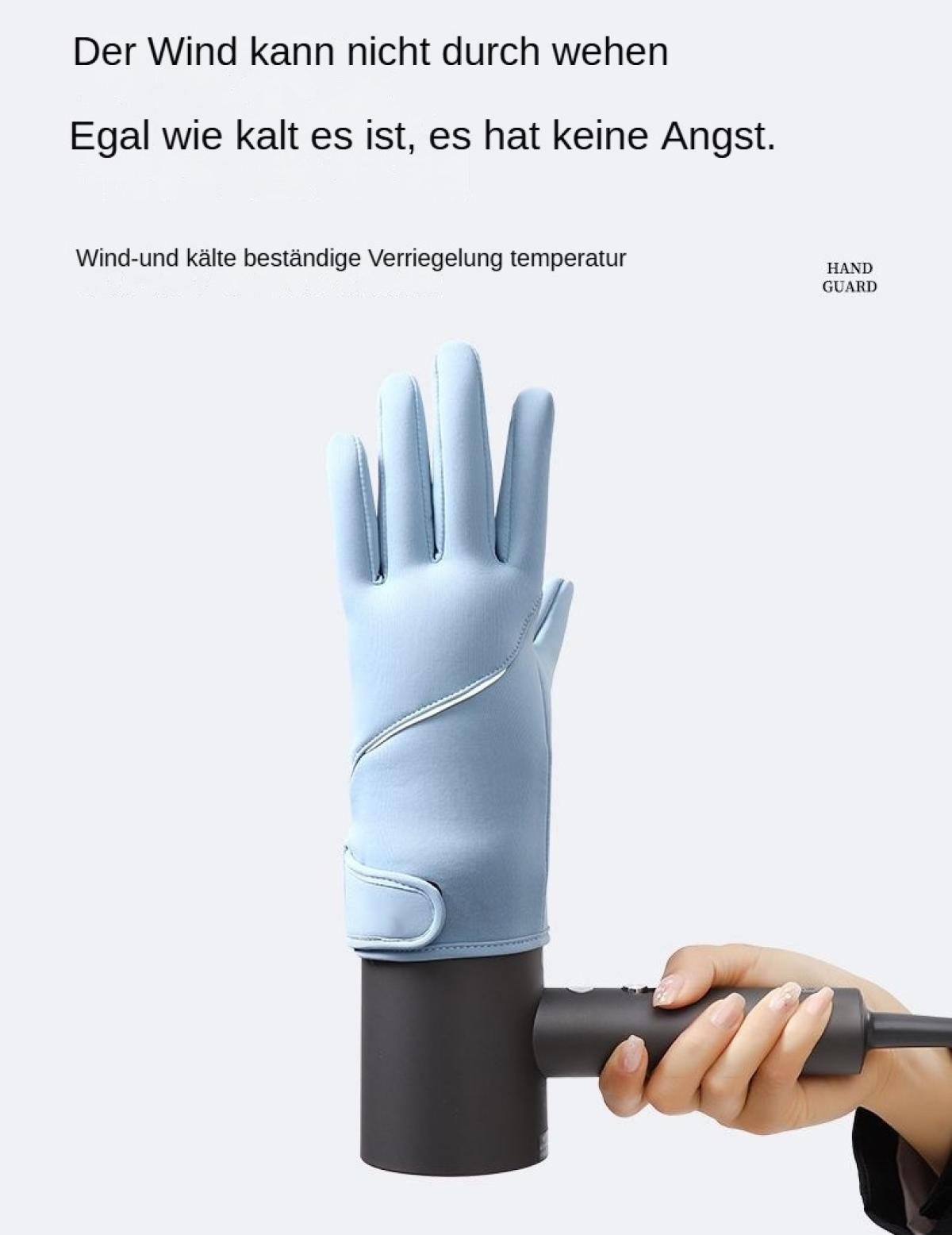 Ein hellblauer Handschuh wird von einer Hand gehalten. Es ist mit einem schwarzen Gerät verbunden. Text auf Deutsch steht oben.