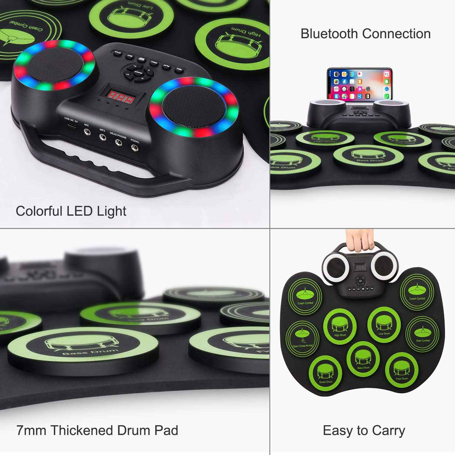 Ein schwarzes elektronisches Schlagzeug mit grünen Pads und einem Bedienfeld. Es hat bunte LED-Leuchten und ist leicht zu tragen.