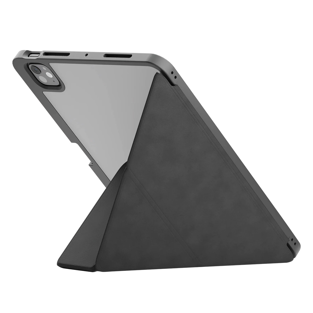 Una funda negra para tableta está apoyada, mostrando una pantalla gris. La funda está en ángulo, con un soporte triangular.