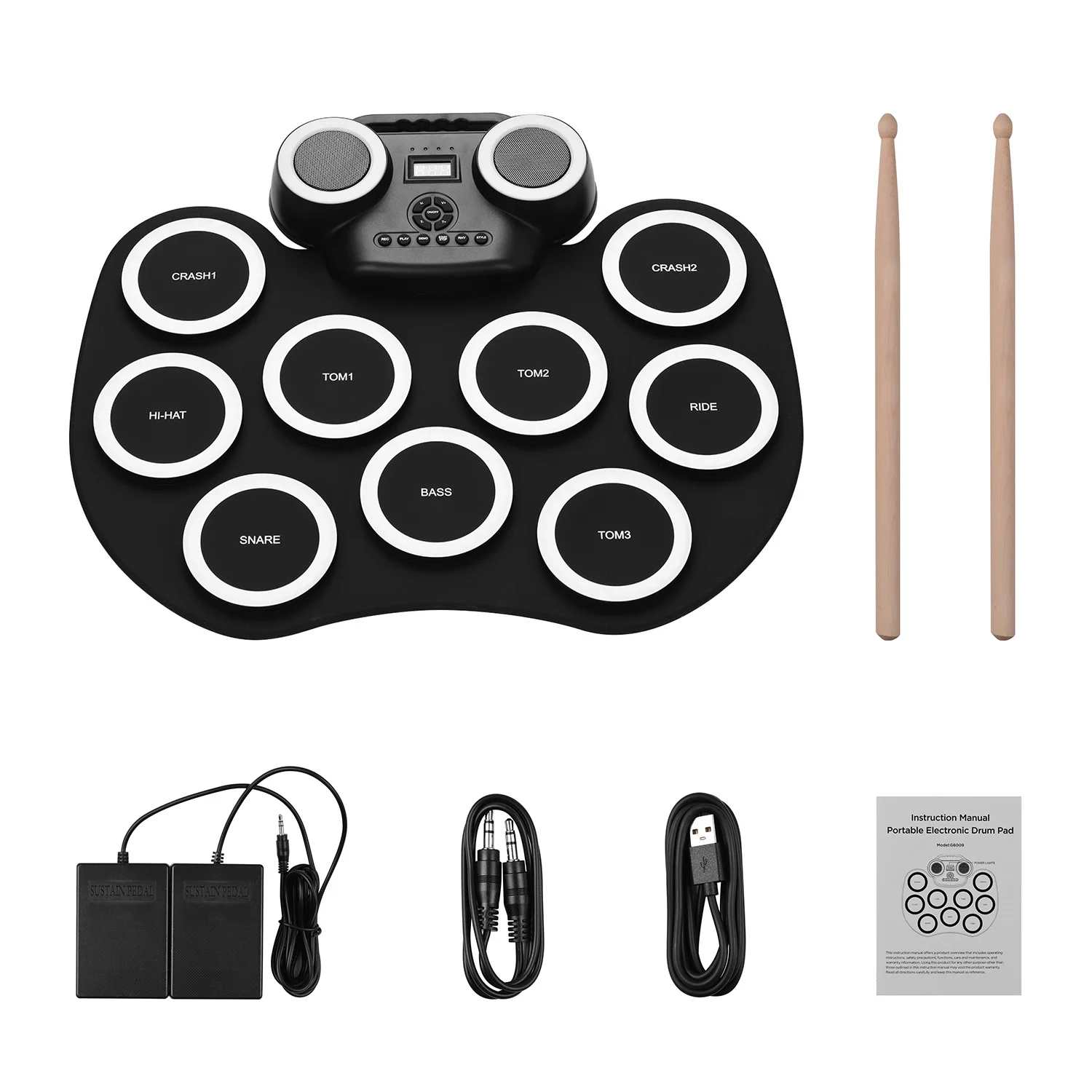 Elektronisches Schlagzeug mit Pads: Crash, Hi-Hat, Snare, Tom, Bass, Ride. Inklusive Drumsticks, Pedalen, Kabeln und Handbuch.