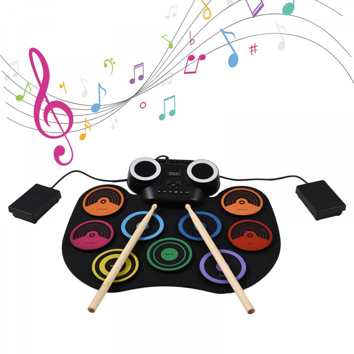 Elektronisches Schlagzeug mit bunten Pads, Drumsticks und Fußpedalen. Noten und Violinschlüssel im Hintergrund.