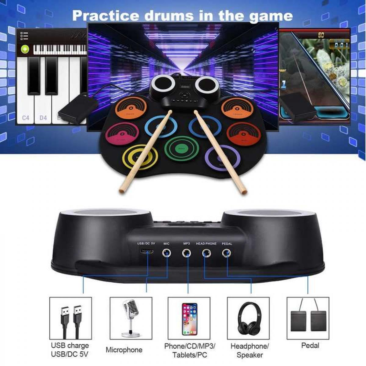 Ein Schlagzeugpad mit Drumsticks, Tastatur und Spielbildschirm. Zubehör: USB, Mikrofon, Telefon, Kopfhörer und Pedal.