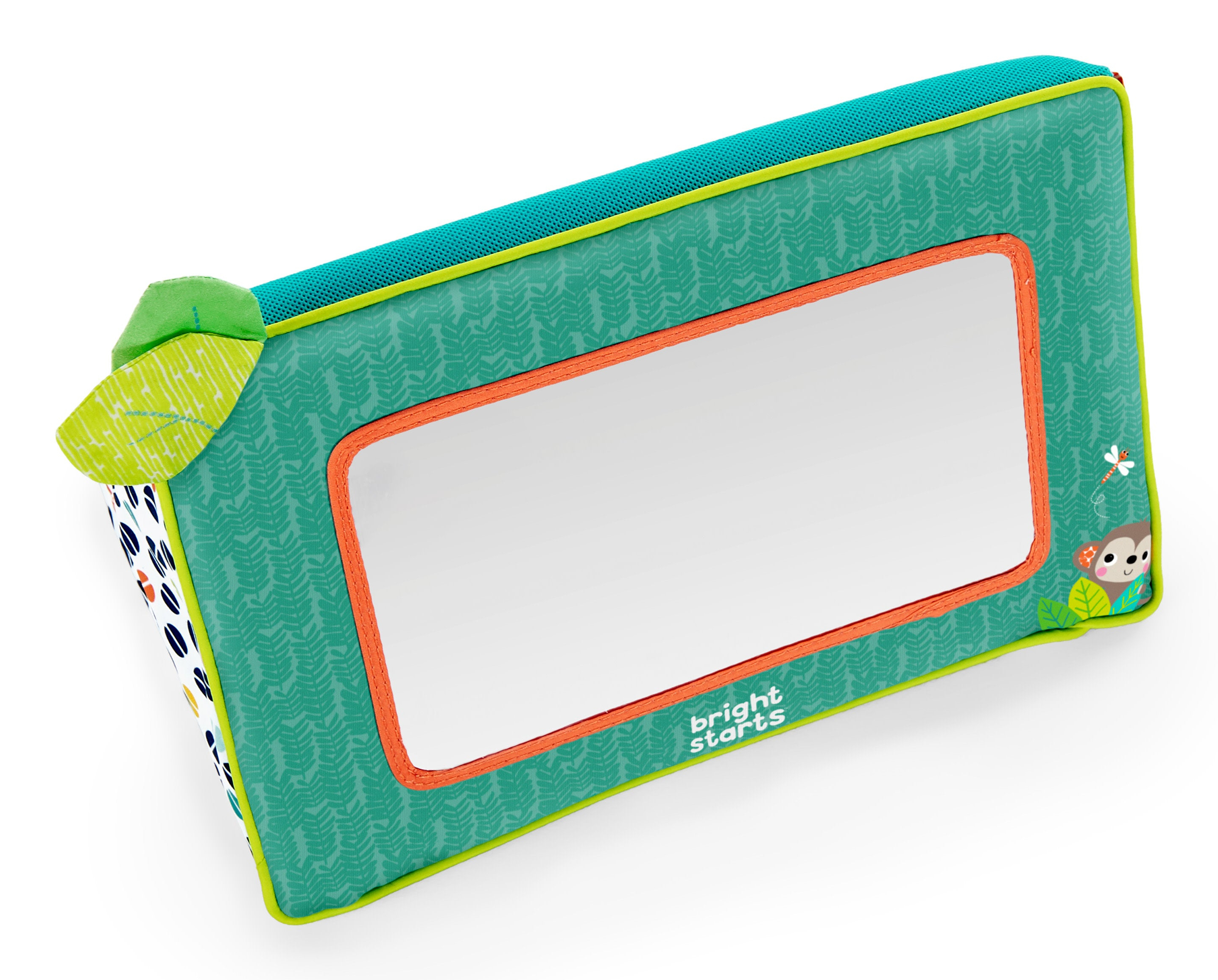 Ein Babyspiegel mit grünem Blattdesign, orangefarbenem Rand und einer Affen- und Libellenillustration.
