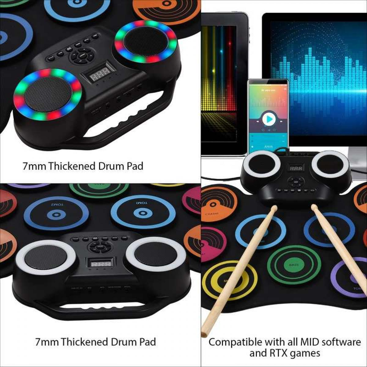 Ein Drum-Pad mit Lautsprechern und Display. Es ist von Pads umgeben. Ein Telefon und ein Computerbildschirm sind ebenfalls sichtbar.