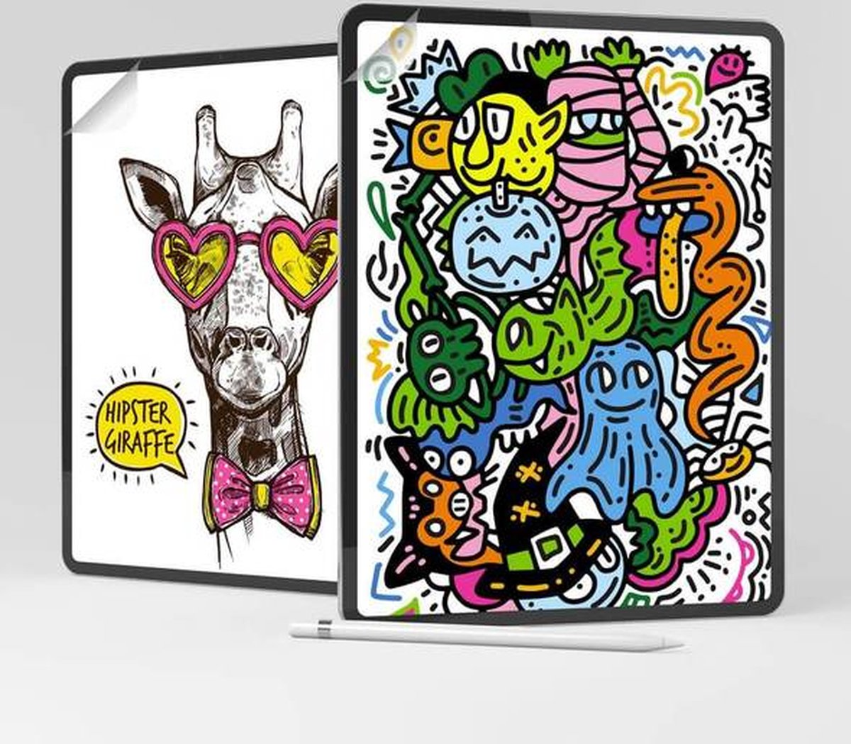 Dos tabletas. Una muestra una jirafa con gafas de corazón y pajarita. La otra tiene arte de garabatos con monstruos.