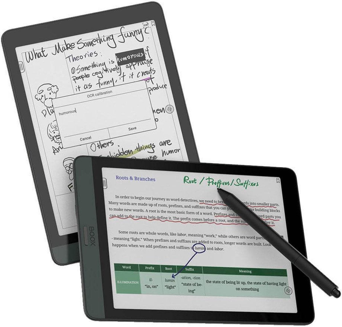 Dos tabletas muestran texto y diagramas. Uno tiene notas manuscritas. El otro tiene un lápiz y definiciones de palabras.
