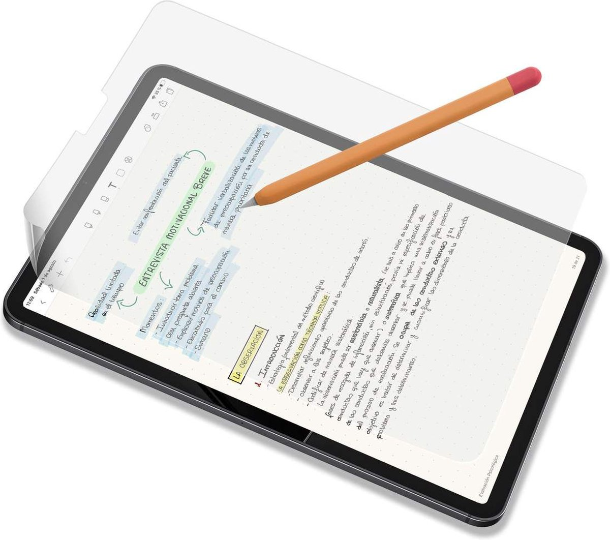 Tableta con notas y un lápiz óptico. Se ve texto y diagramas. La pantalla tiene un protector.