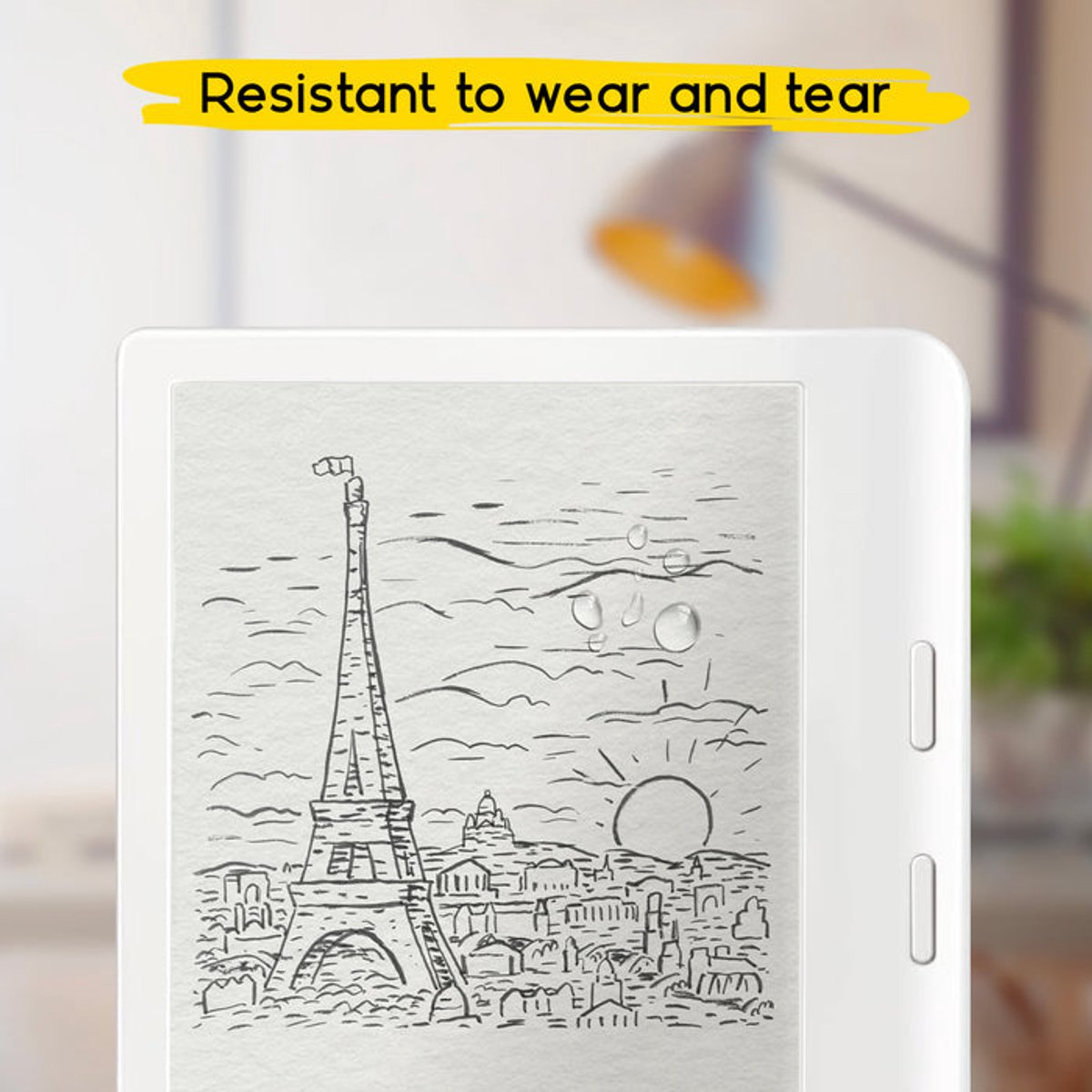 Un lector de libros electrónicos muestra un boceto de la Torre Eiffel, con gotas de agua en la pantalla. El texto 'Resistente al desgaste' está arriba.