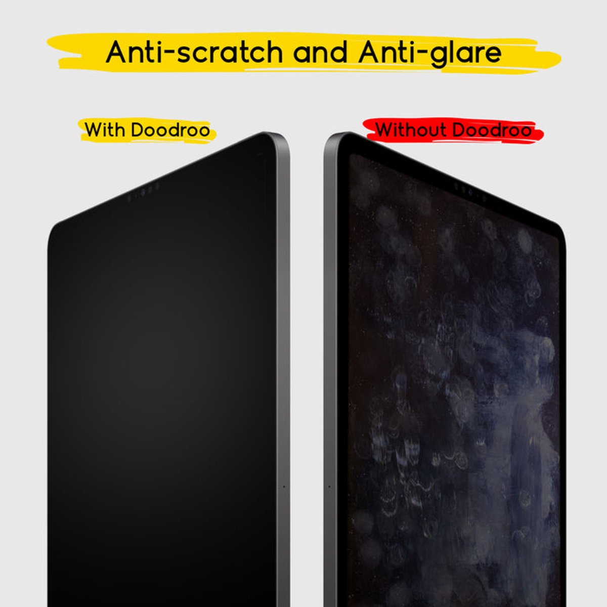 Imagen muestra dos pantallas de tablet: una limpia, etiquetada 'With Doodroo', la otra manchada, etiquetada 'Without Doodroo'. Texto dice 'Anti-scratch and Anti-glare'.
