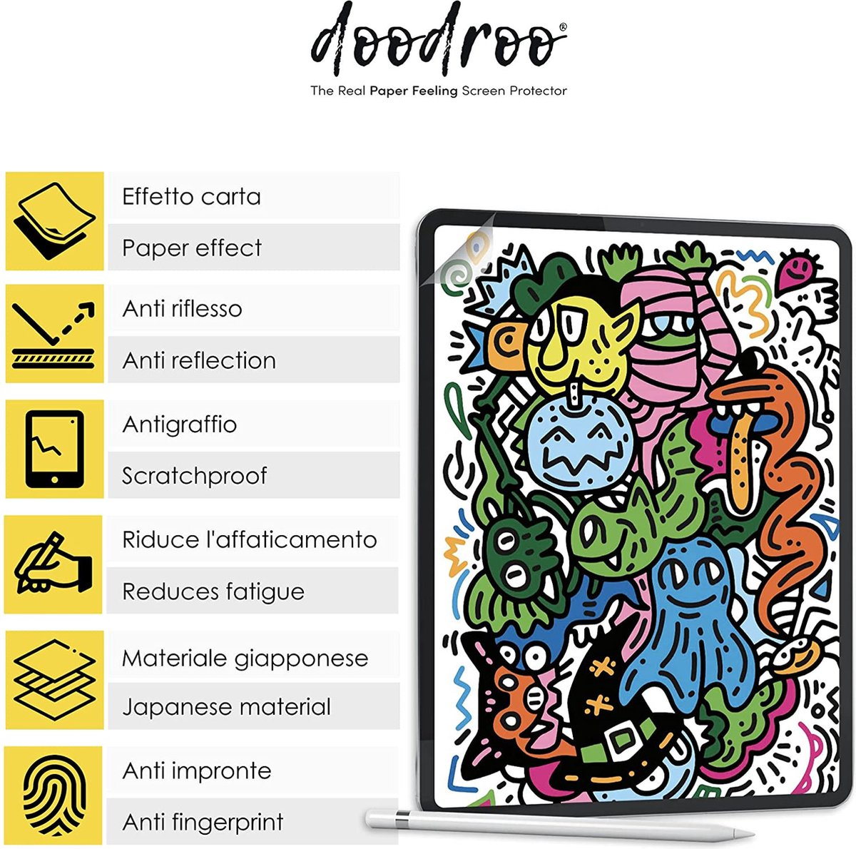 Una tableta con arte de garabatos coloridos en la pantalla. El arte de garabatos es de varios monstruos. Un lápiz está debajo de la tableta.