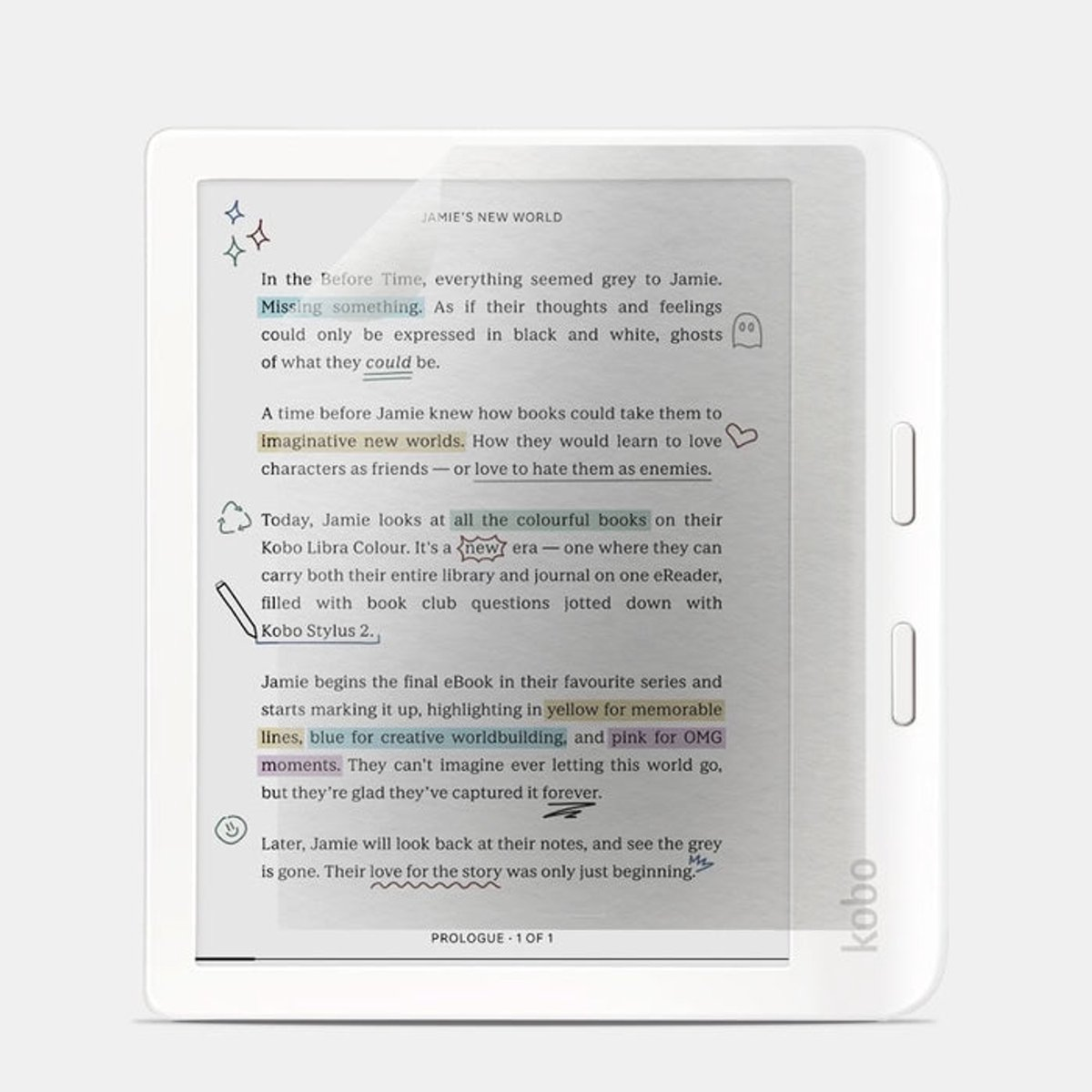 Un lector electrónico Kobo blanco muestra texto resaltado en amarillo, azul y rosa en una pantalla con borde blanco. El fondo es blanco.