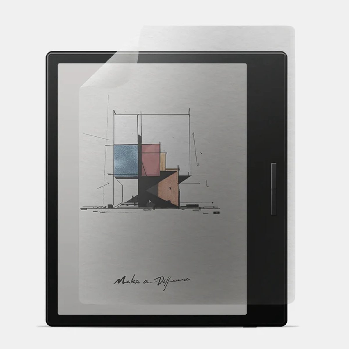 Un lector electrónico muestra un boceto de bloques coloridos. Una película protectora cubre la pantalla. La frase 'Make a Difference' está escrita.