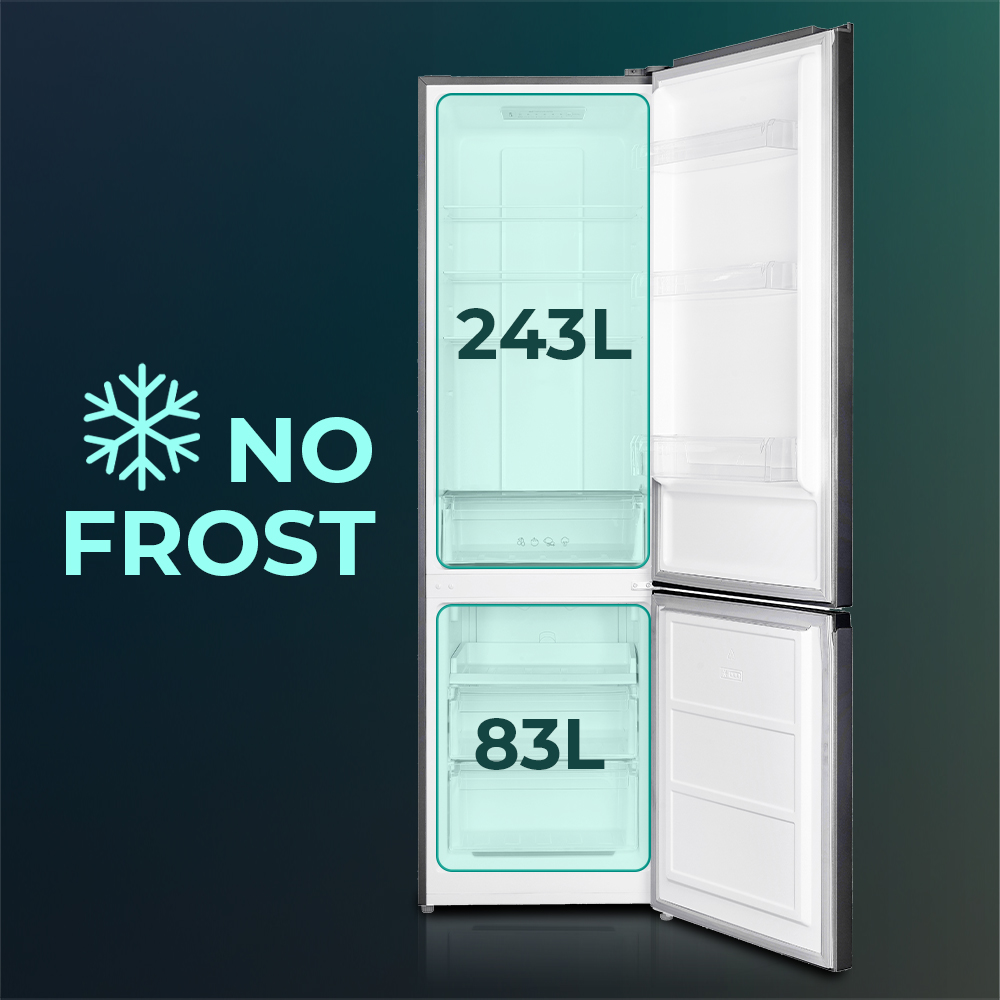 Un refrigerador blanco con la puerta abierta, mostrando el interior. Tiene función no frost y capacidad de 243L y 83L.