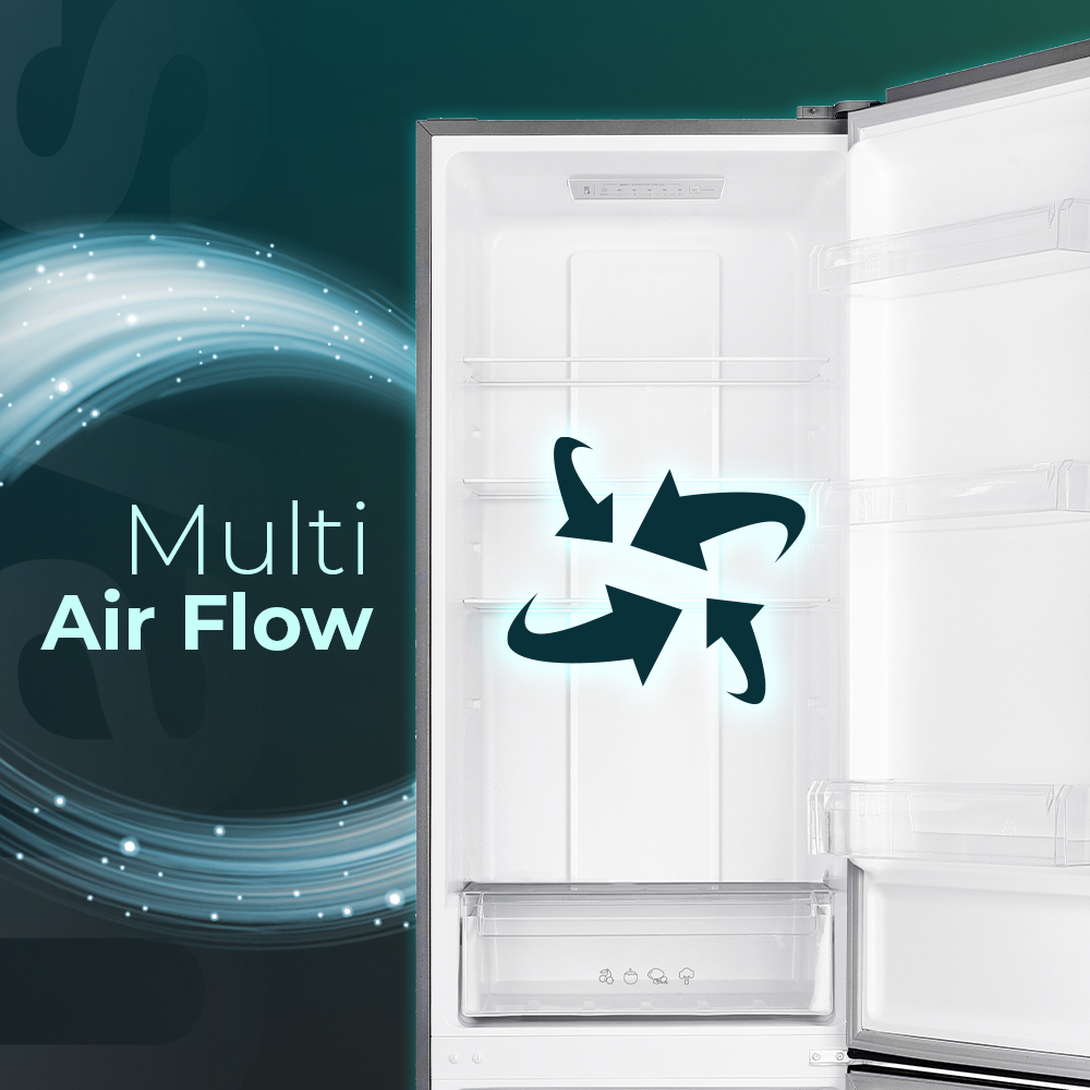 Un refrigerador abierto muestra estantes y un cajón. Las flechas ilustran el flujo de aire. El texto dice 'Multi Air Flow' sobre un fondo verde azulado.