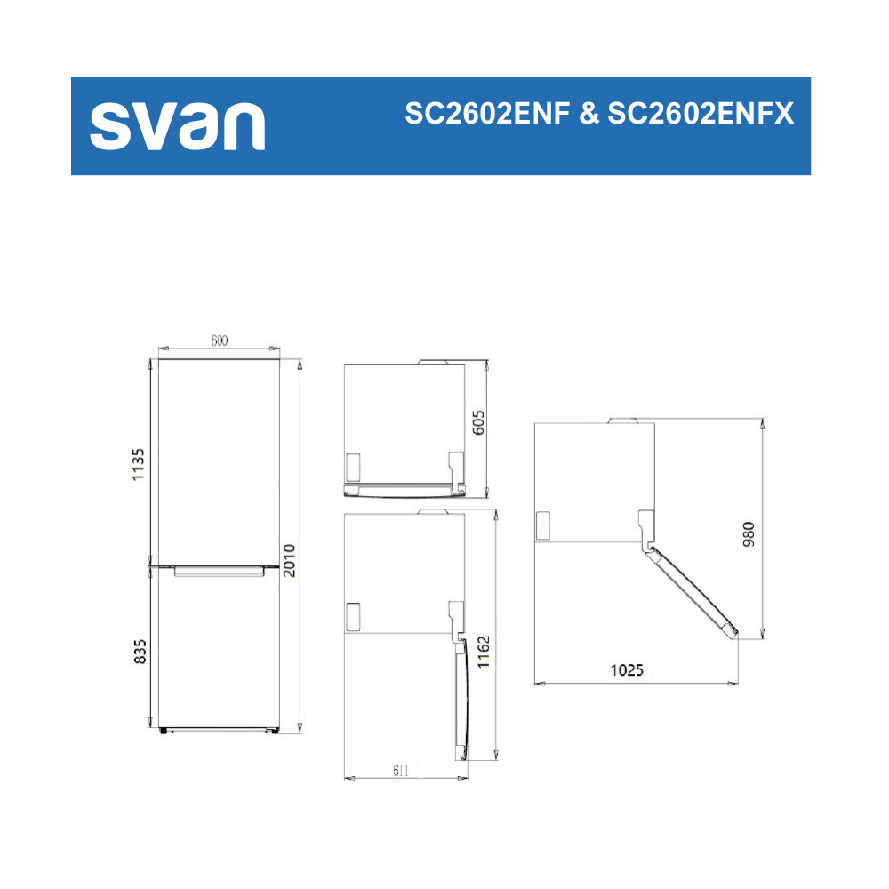 Diagrama de un refrigerador que muestra las dimensiones. La marca 'Svan' está en la parte superior izquierda. También se muestran los números de modelo.