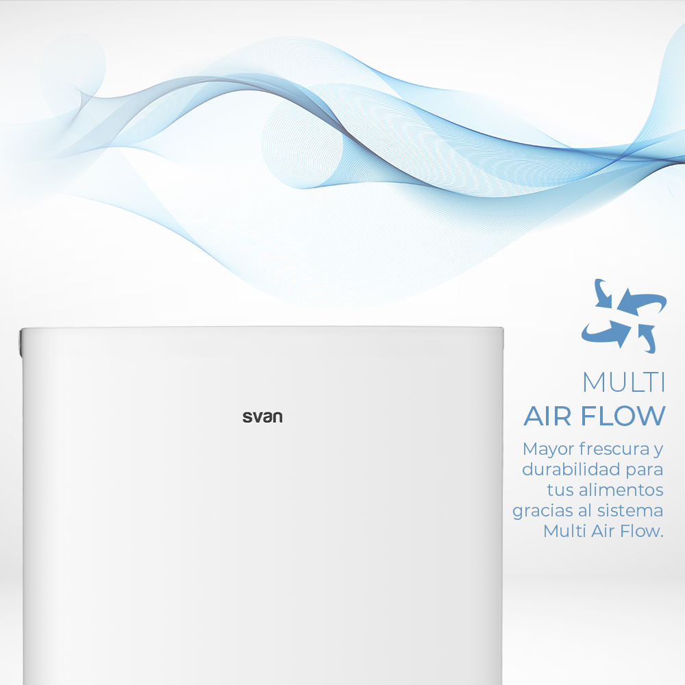 Refrigerador blanco con logo 'svan'. Texto 'MULTI AIR FLOW' y 'Mayor frescura y durabilidad' frente a fondo de onda azul.