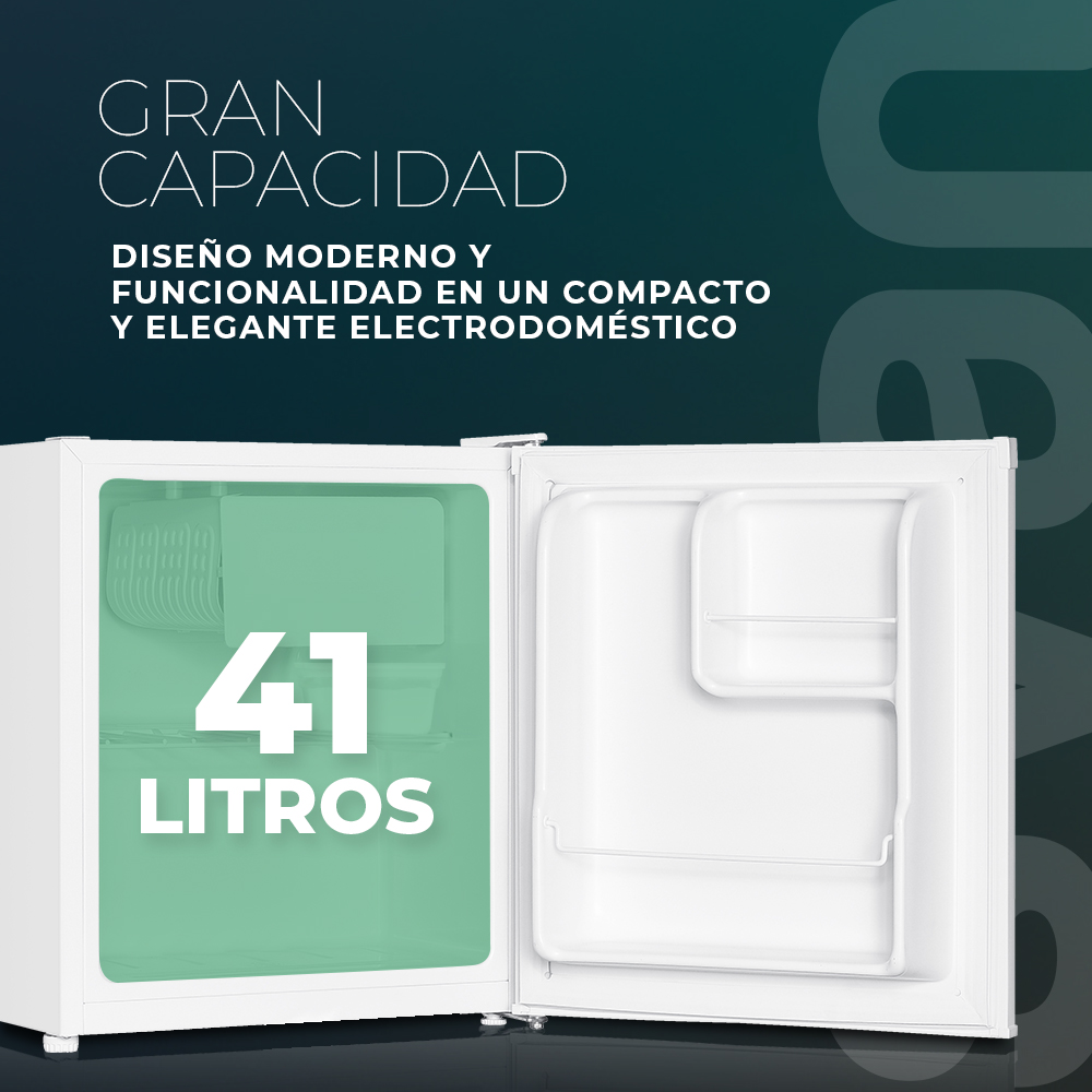 Un mini-refrigerador blanco con la puerta abierta. Dentro, un área teñida de verde muestra 41 litros de capacidad. Texto: Gran Capacidad...