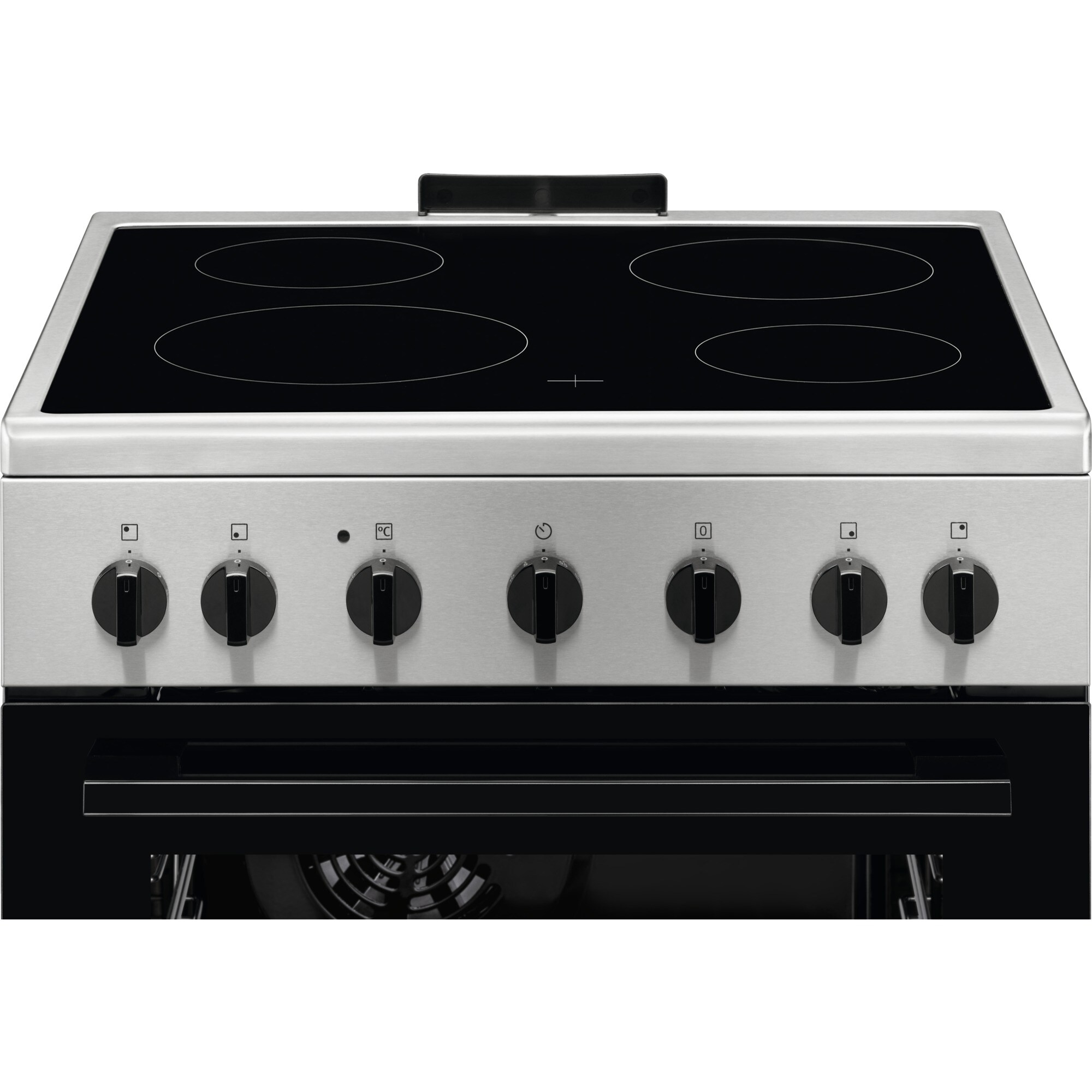Un forno elettrico argentato con quattro elementi neri e manopole di controllo sottostanti. La porta del forno è nera.