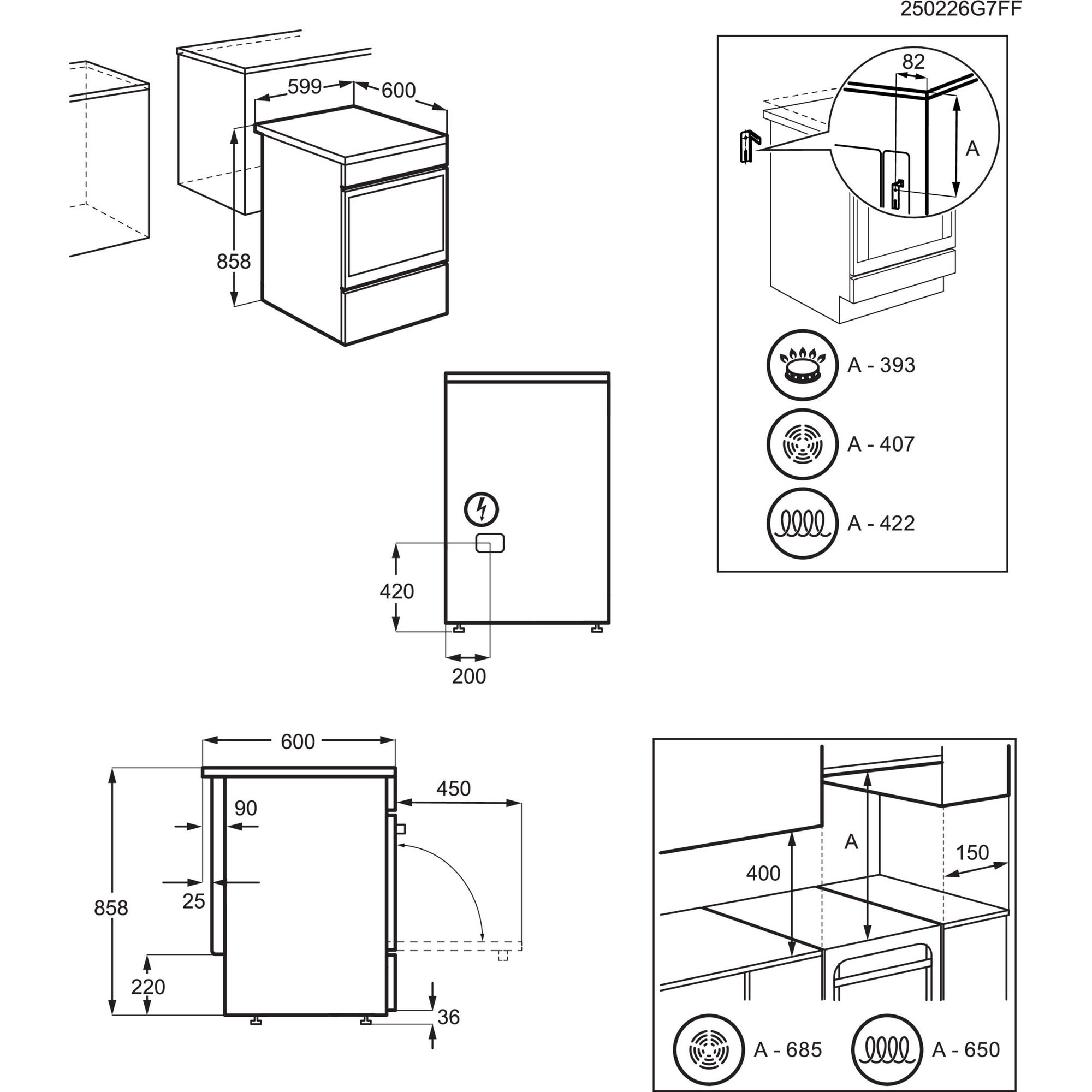 Schema di elettrodomestici da cucina con dimensioni. Include fornello, forno e componenti correlati con misure in mm.