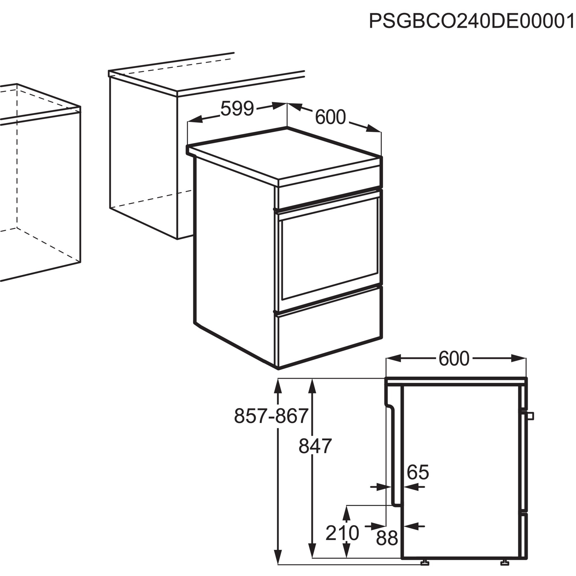 Schema di un forno a incasso con dimensioni in mm. Il forno è bianco e nero, di forma rettangolare.
