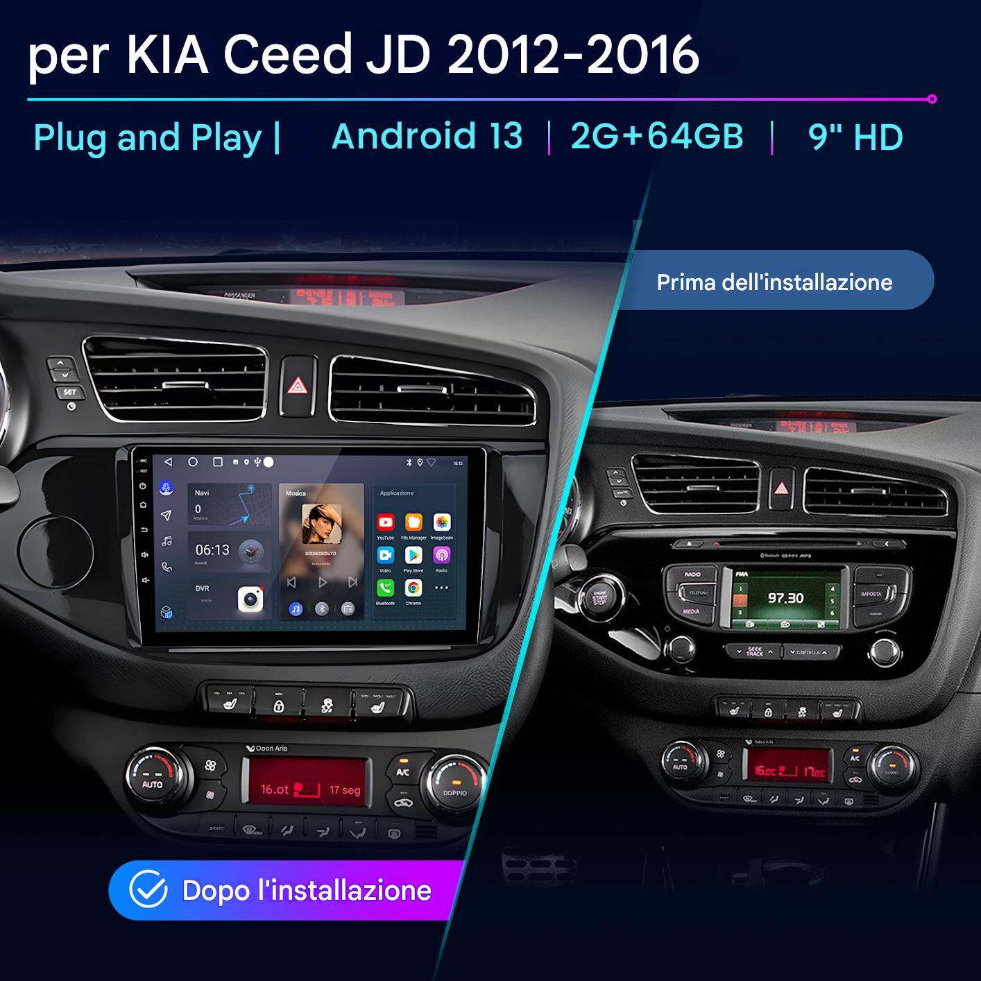 Cruscotto auto che mostra prima e dopo l'installazione di un nuovo sistema Android 13 con display HD da 9".