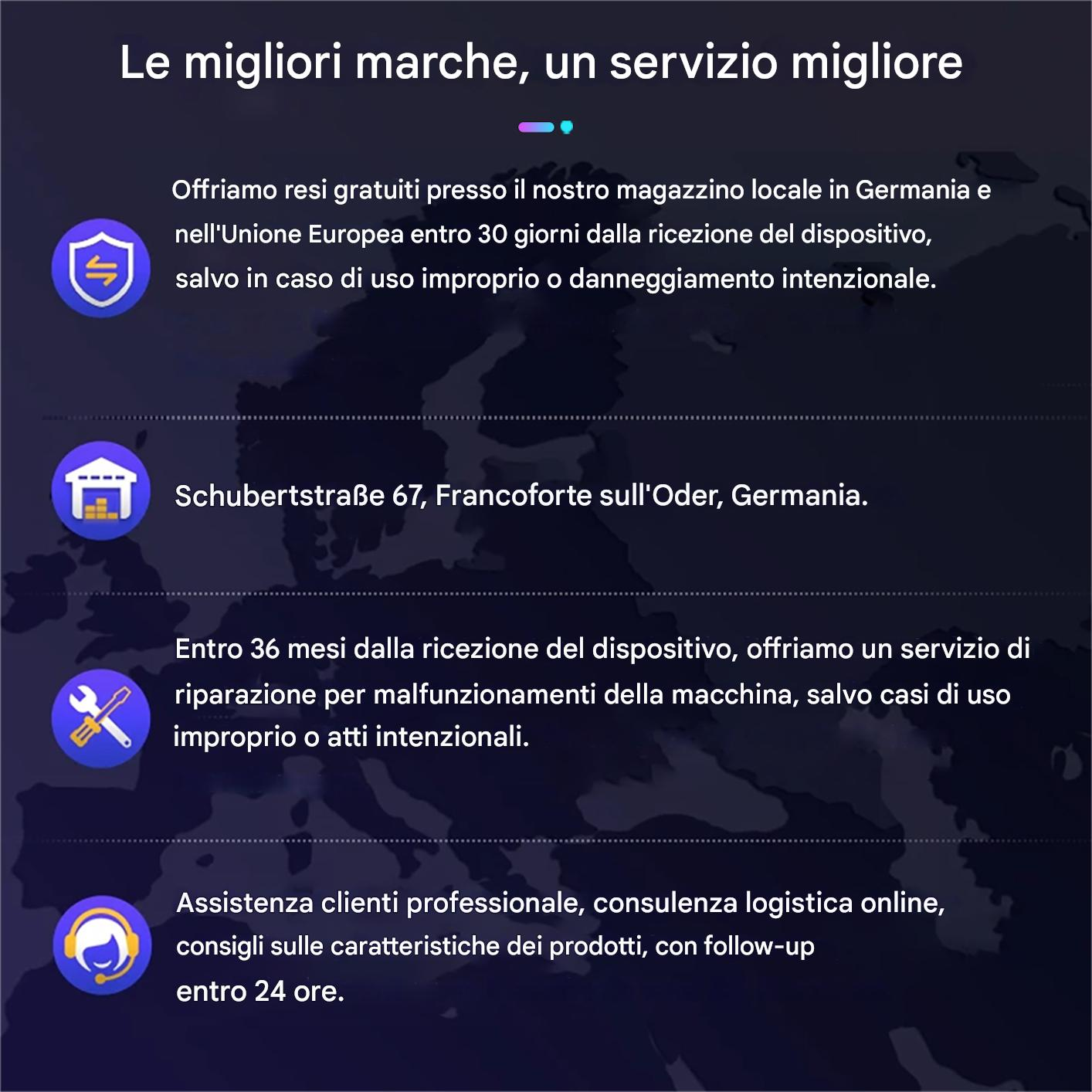 Una pubblicità in italiano. Ha testo, icone e uno sfondo di mappa. Offre resi, riparazioni e assistenza clienti.