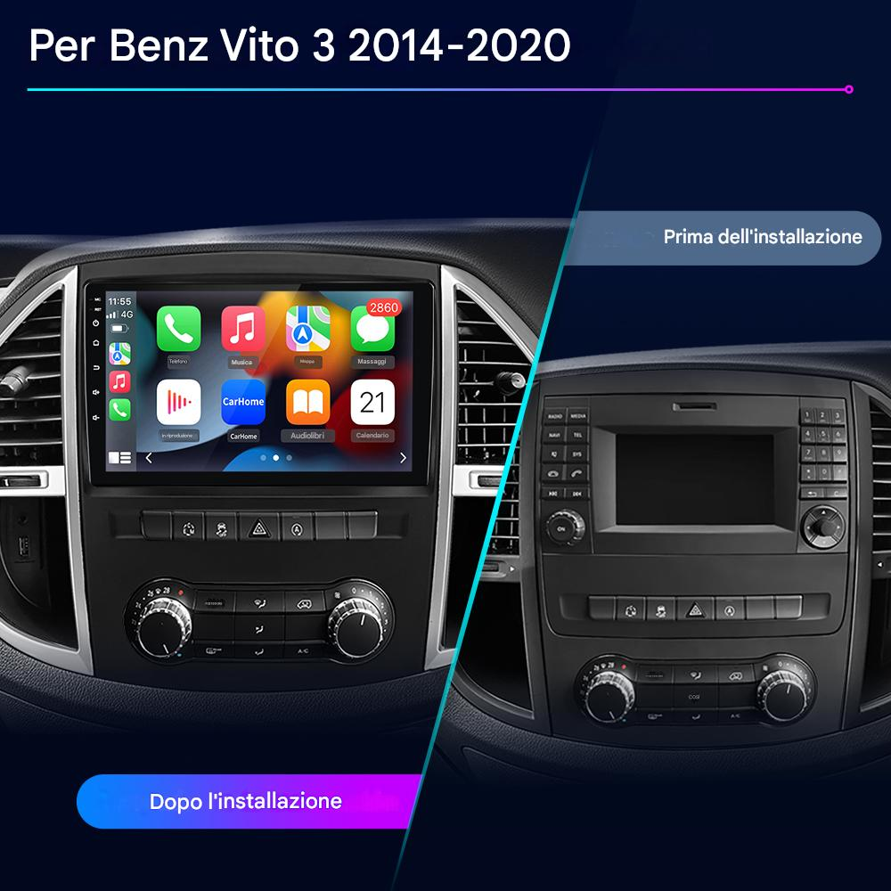 L'immagine mostra un cruscotto dell'auto prima e dopo l'installazione di un nuovo sistema di infotainment. Il nuovo sistema visualizza le app.