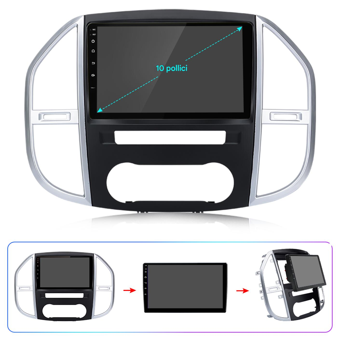 Viene mostrata un'autoradio con touchscreen. Lo schermo è etichettato '10 pollici'. Sotto ci sono tre fasi di installazione.