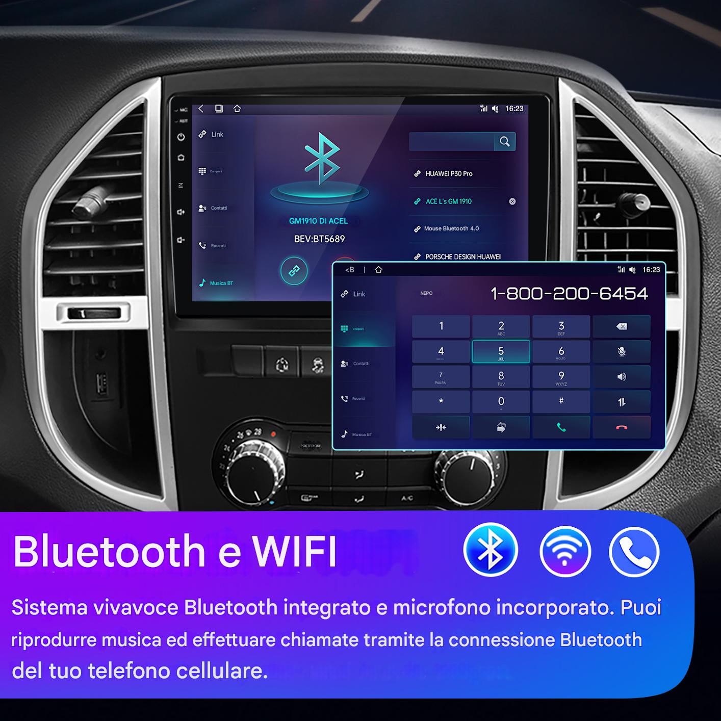 Sistema multimediale per auto con funzionalità Bluetooth e WiFi. Visibile schermo del telefono con tastierino numerico.