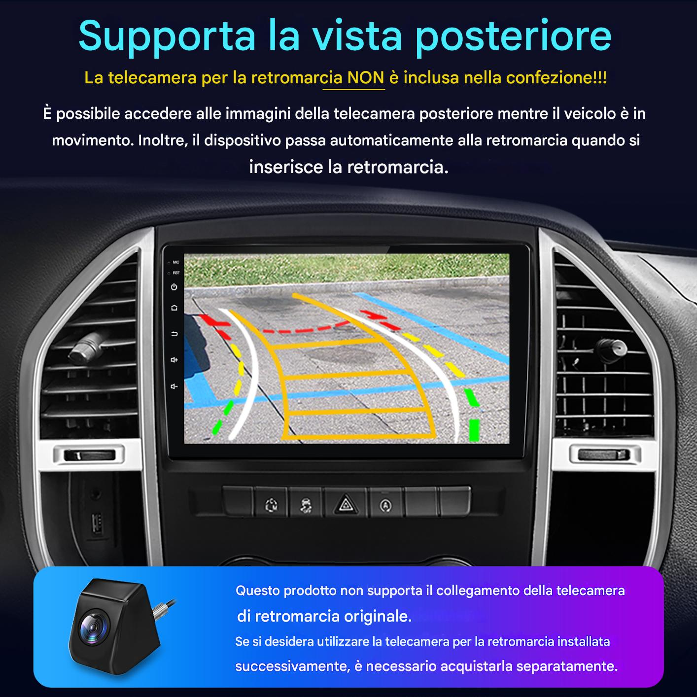 Cruscotto auto con display della telecamera di retromarcia. Testo in italiano, con unità telecamera separata in basso a sinistra.