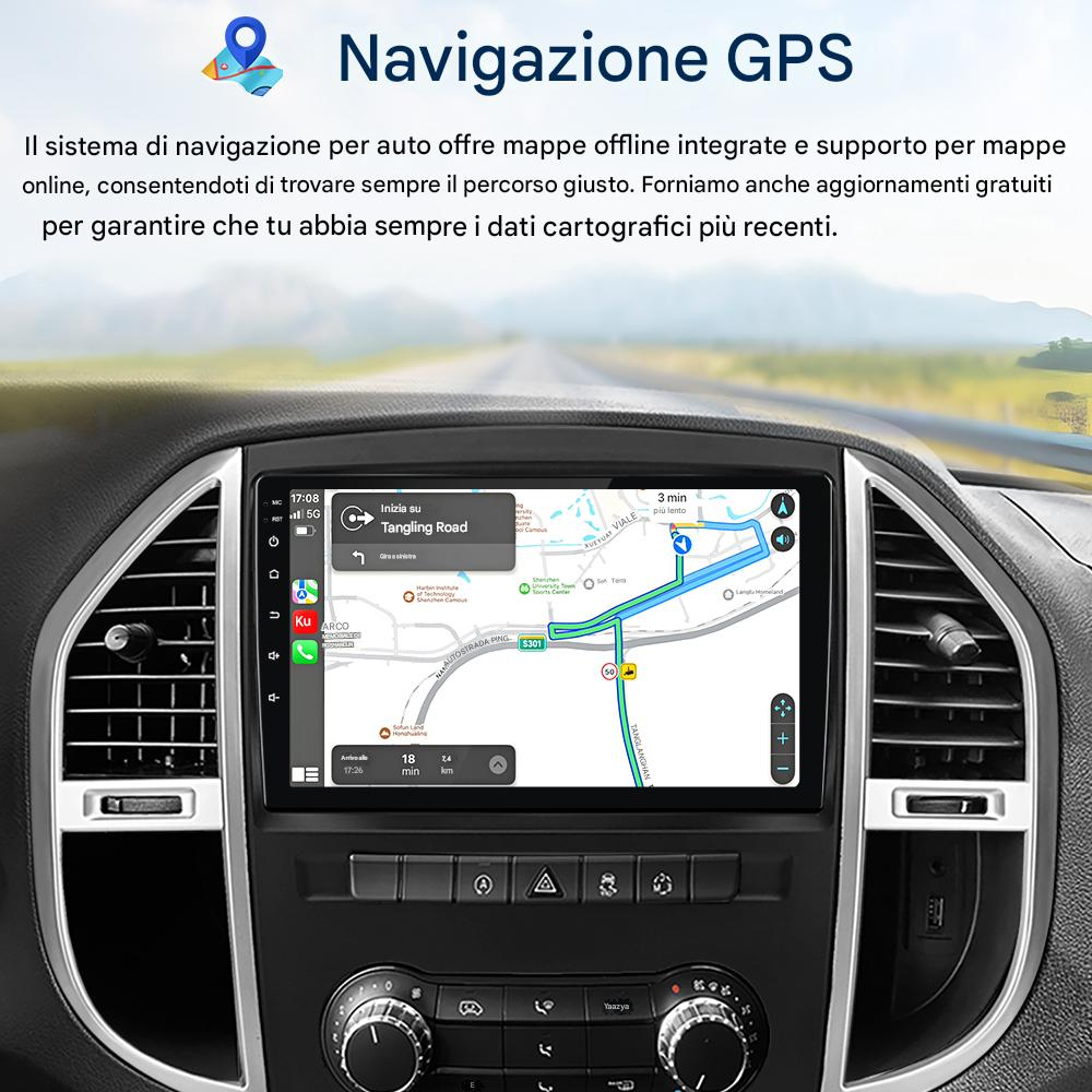 Cruscotto auto con navigazione GPS, percorsi, orari, nomi delle strade e pulsanti.