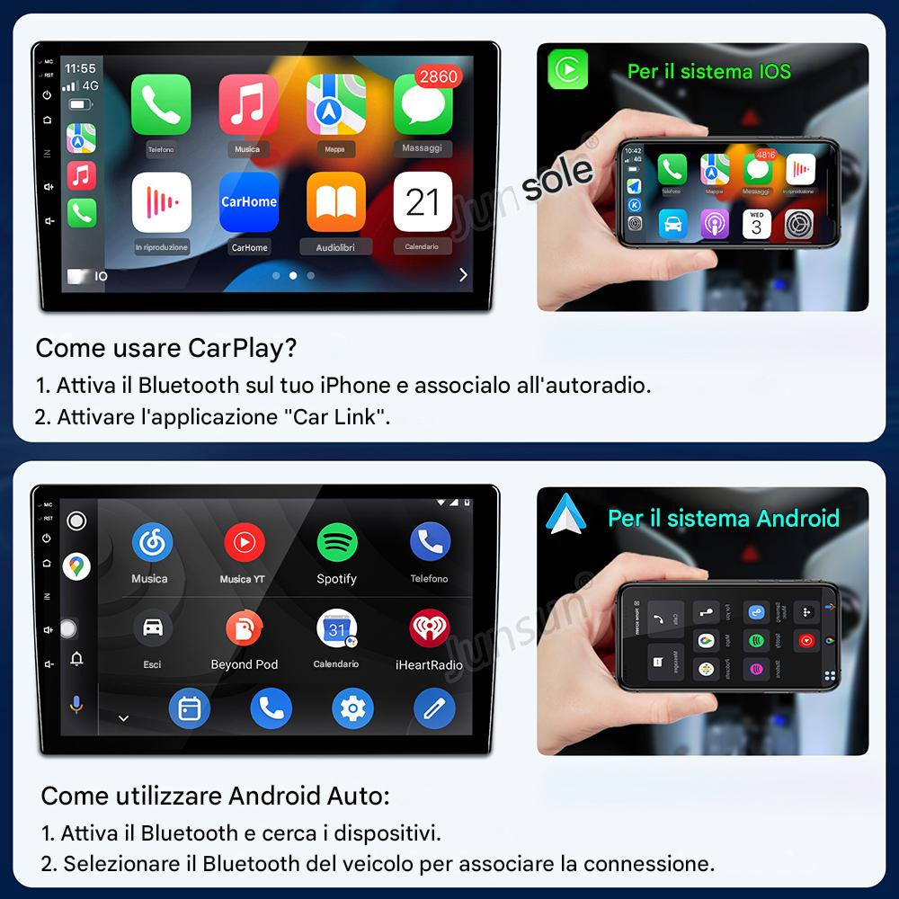 L'immagine mostra schermi di autoradio e telefoni. Le istruzioni per CarPlay e Android Auto sono visualizzate con le icone delle app.