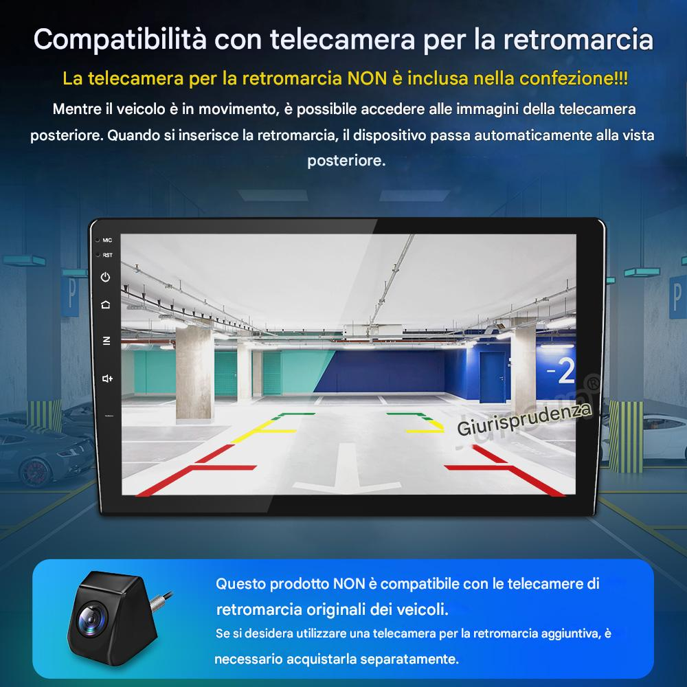La telecamera posteriore di un'auto su uno schermo mostra un garage. Una telecamera è nell'angolo. Il testo in italiano è visibile.