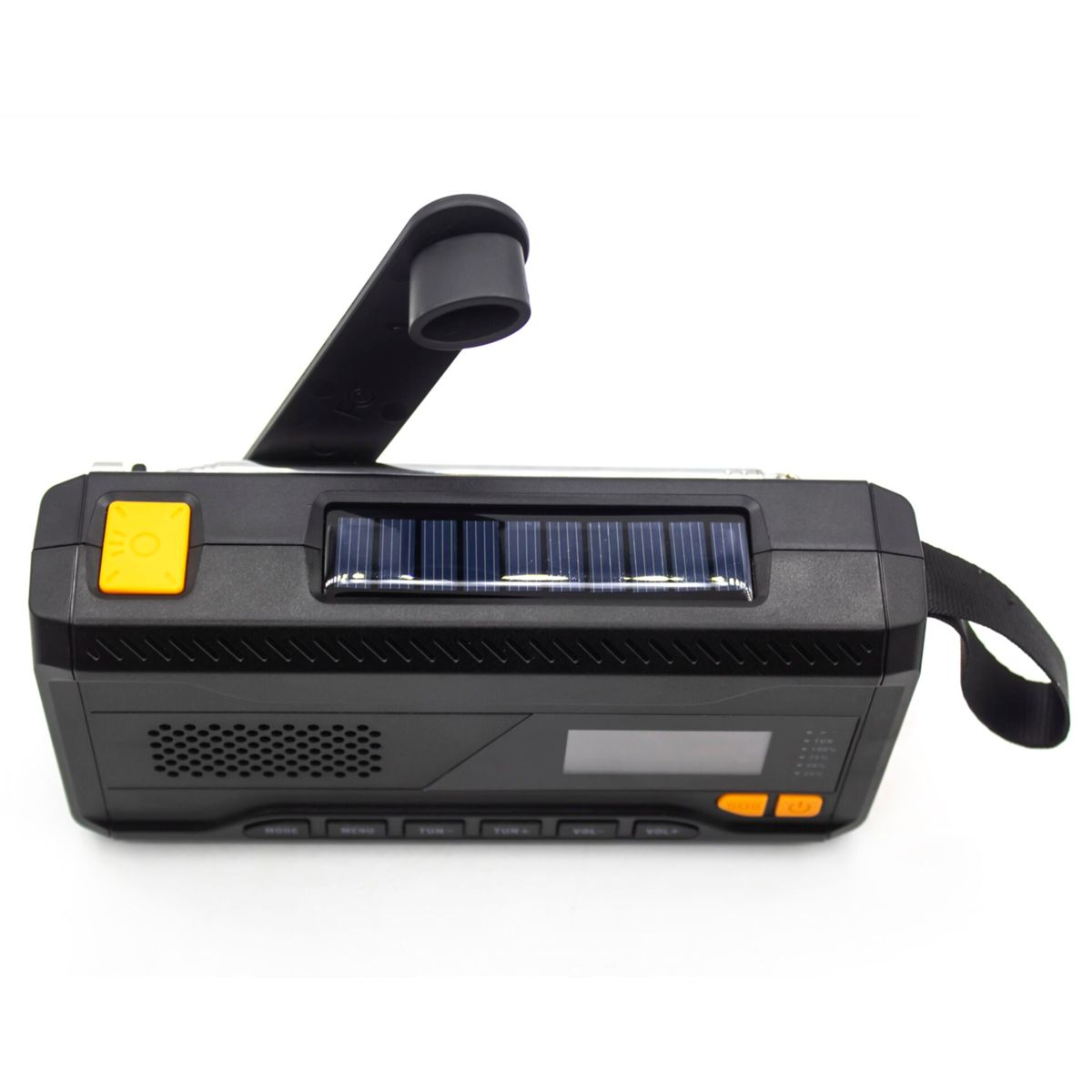 Black emergency radio with solar panel, crank handle, and orange buttons. Features a digital display and hand strap. Isolated on white.