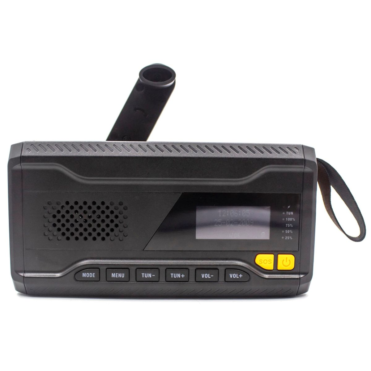 A black portable radio with a crank handle, screen displaying time and date, and buttons. SOS and power buttons are yellow.