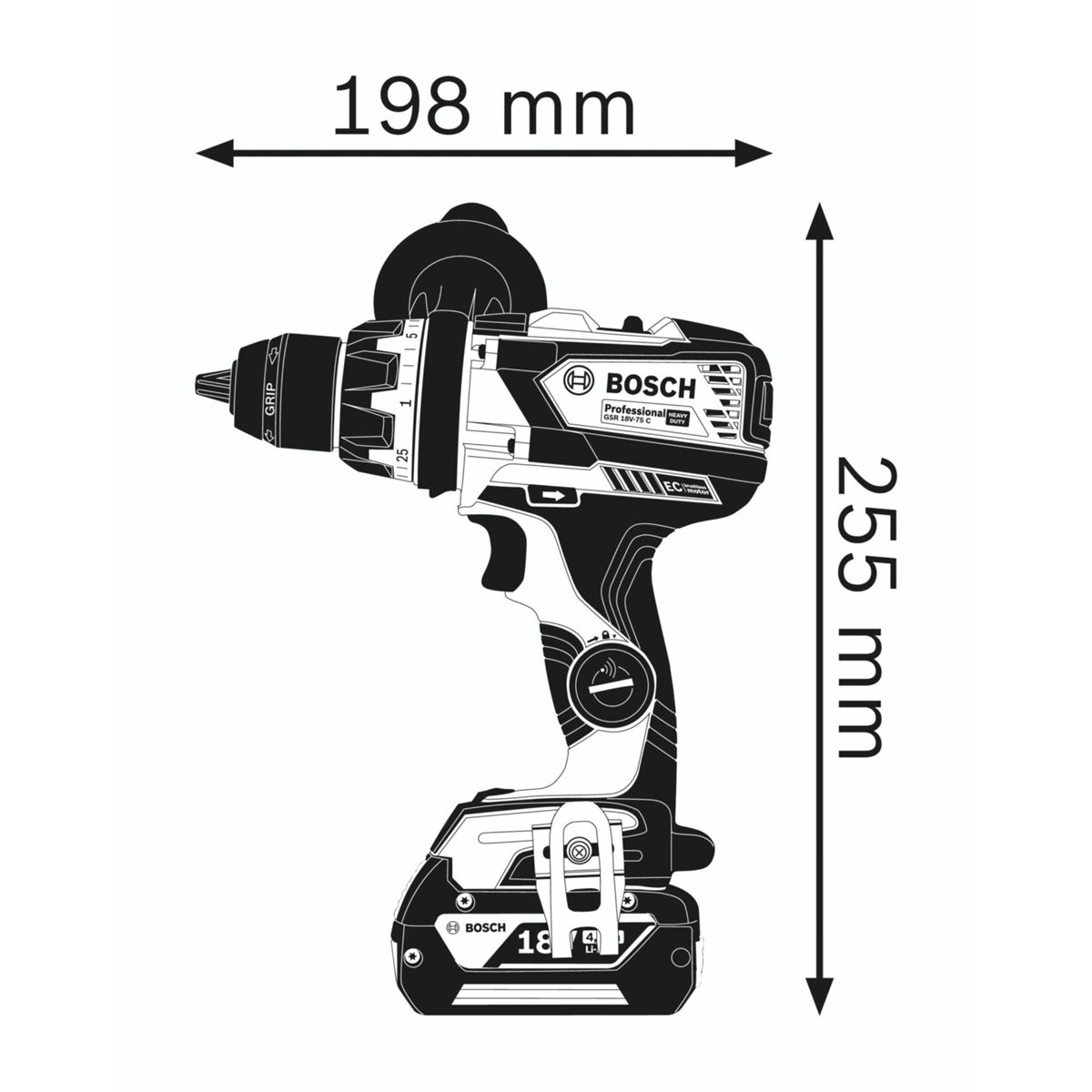 Un taladro inalámbrico Bosch Professional. Las dimensiones son 198 mm de ancho y 255 mm de alto. Tiene una combinación de colores negro, blanco y gris.