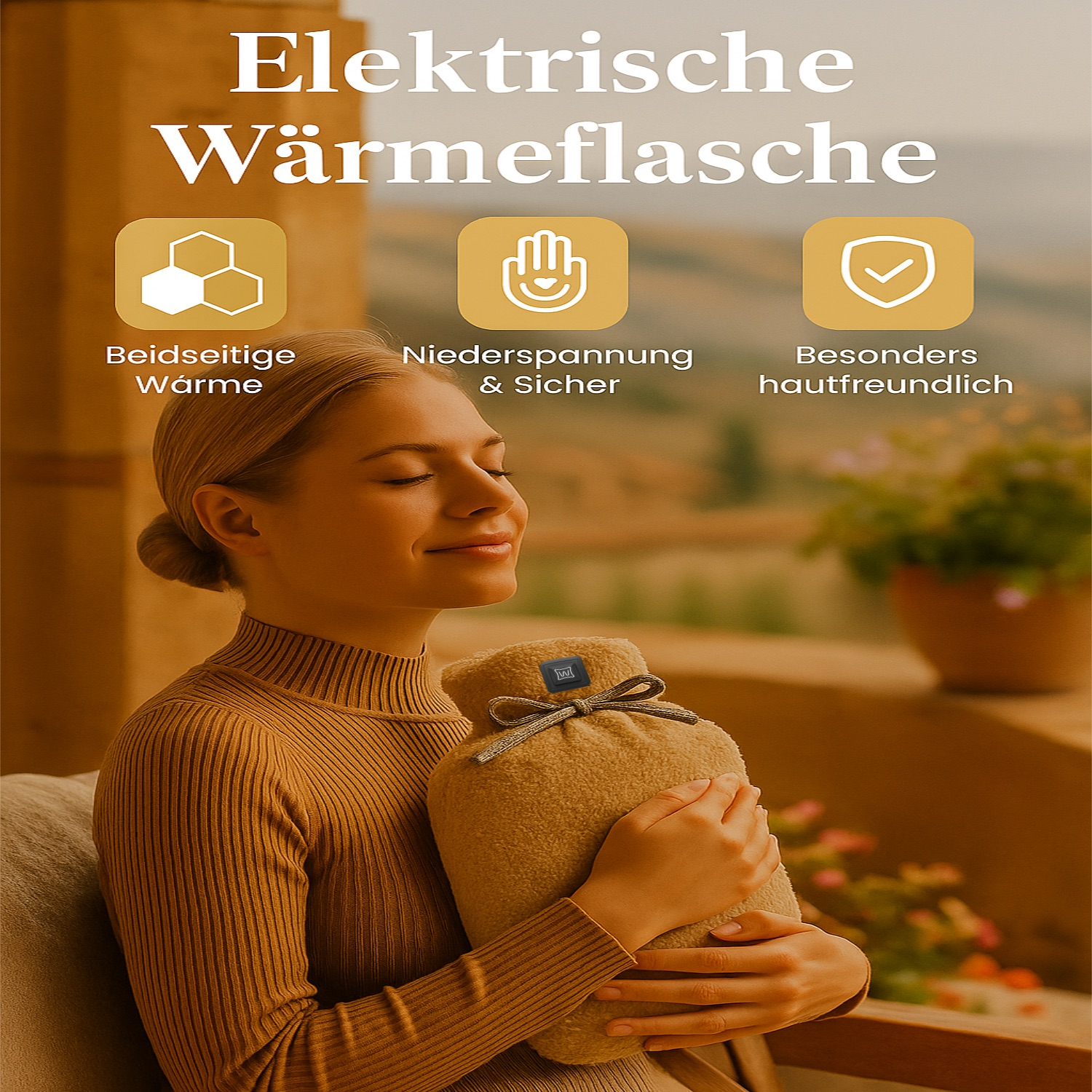 Eine Frau hält eine beige Wärmflasche. Text oben: 'Elektrische Wärmflasche'. Symbole beschreiben Produktmerkmale.