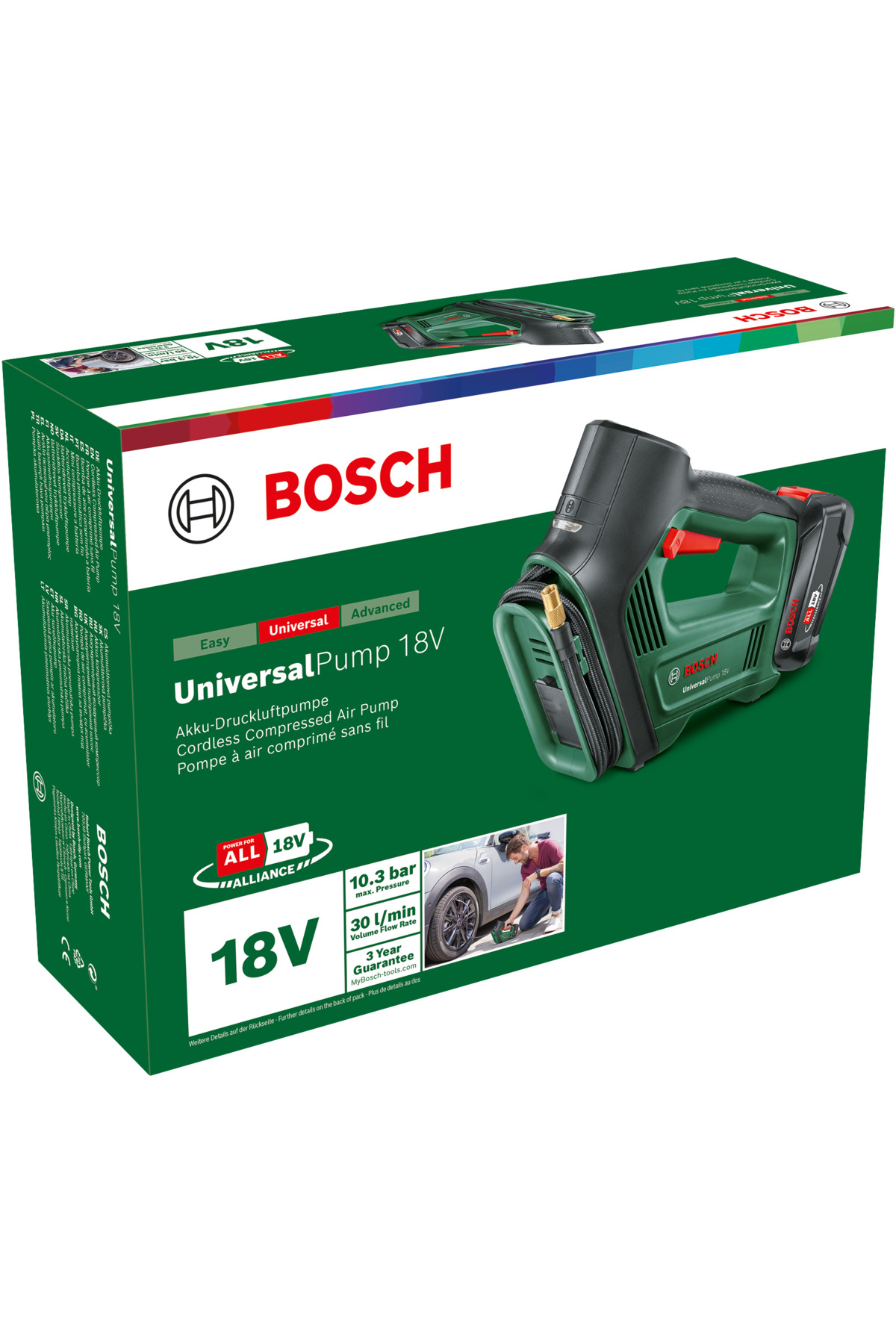 Bir Bosch UniversalPump 18V kutusu. Sağ üstte yeşil ve siyah kablosuz bir hava pompası. Bir adam bir araba lastiğini şişiriyor.