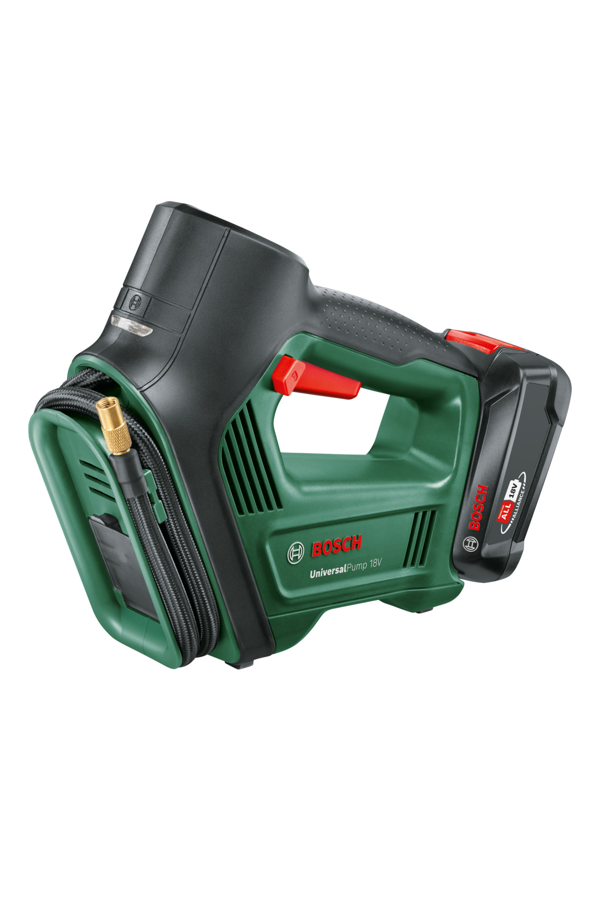 Bosch UniversalPump 18V, yeşil ve siyah. Kırmızı tetik ve pil içerir. Hortum ve nozul içerir.