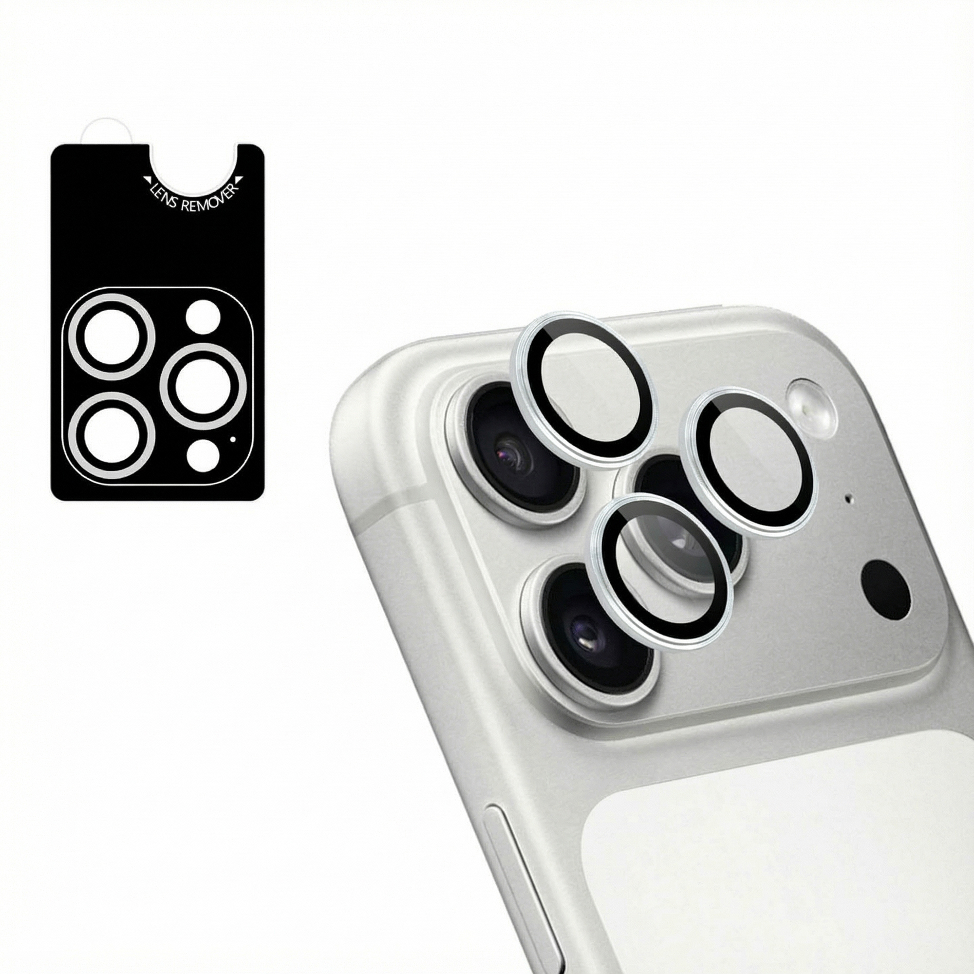 Een telefoon met lensbeschermers. Links een zwart gereedschap om de lens te verwijderen. Witte achtergrond.