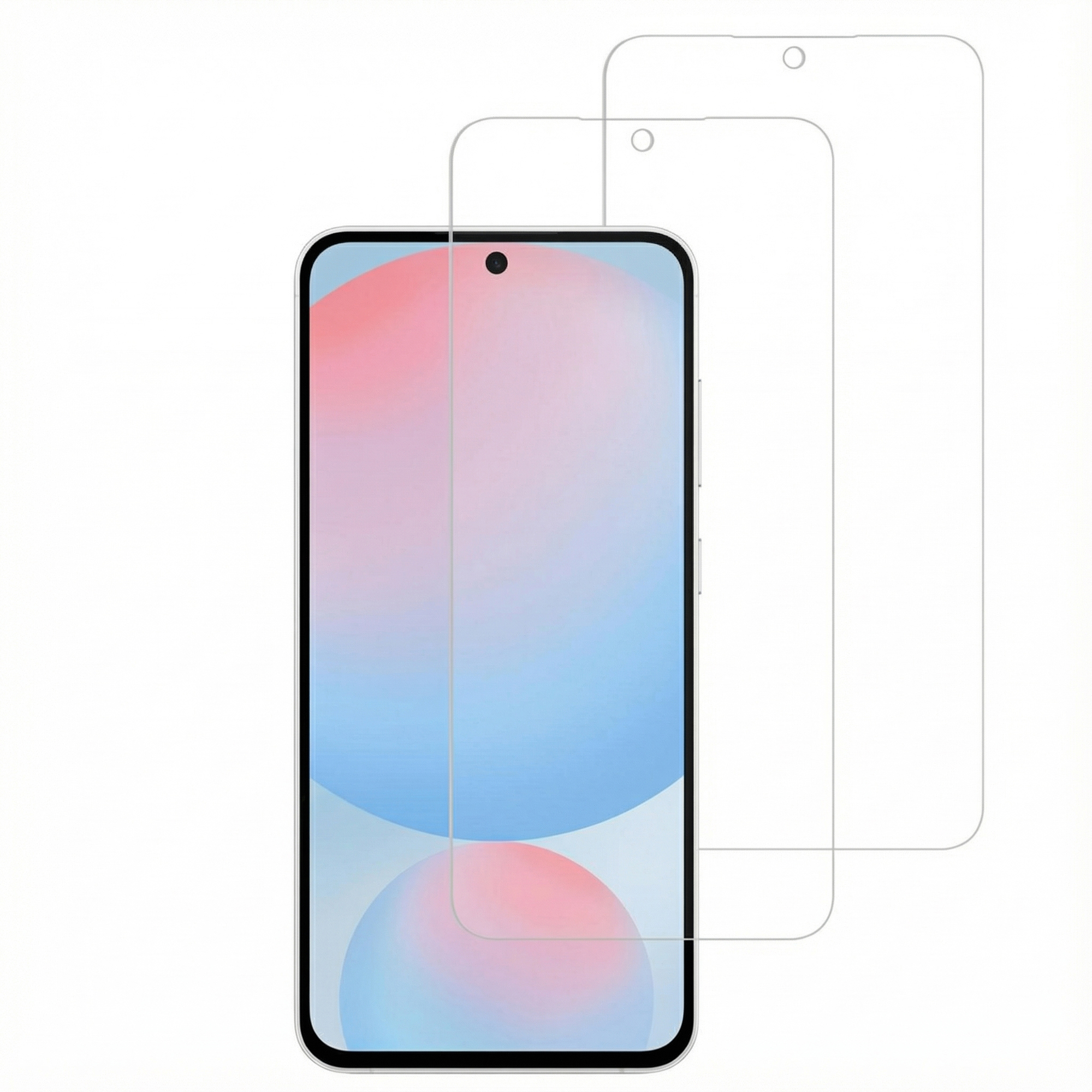 Een smartphone met een schermbeschermer op een witte ondergrond. De telefoon heeft een roze en blauwe gradiënt.