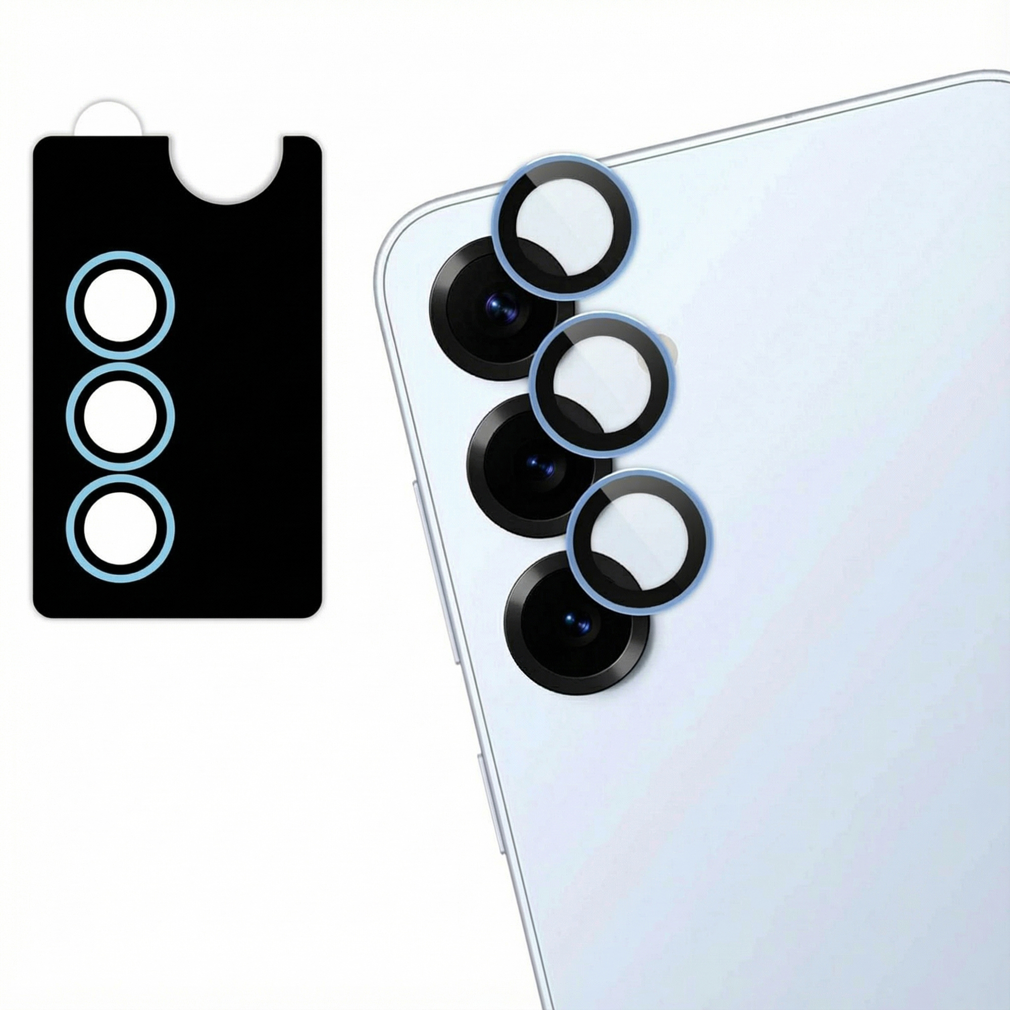 Achterkant van een telefoon met cameralenzen en beschermers. Een zwarte kaart met cirkels past bij de lenzen.