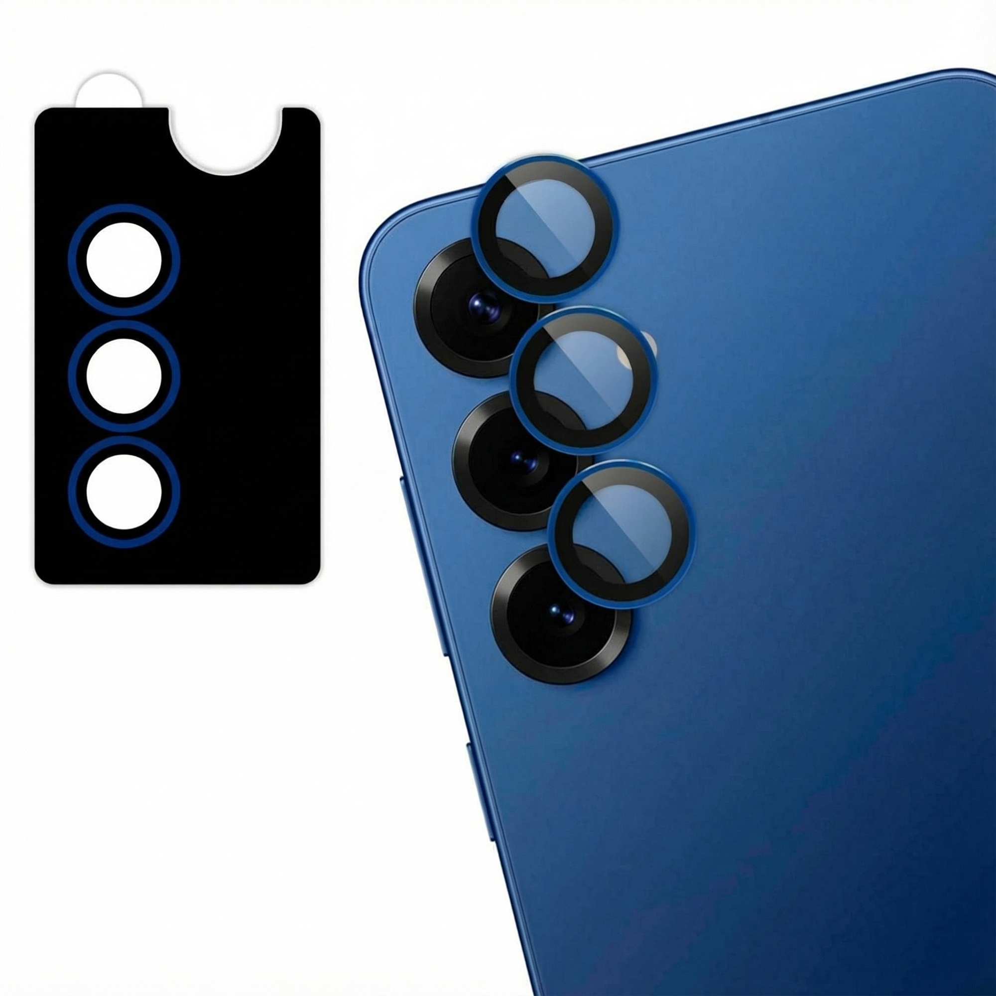 Blauwe telefoon met camerabeschermers. Zwarte beschermer met drie witte cirkels. Witte achtergrond.